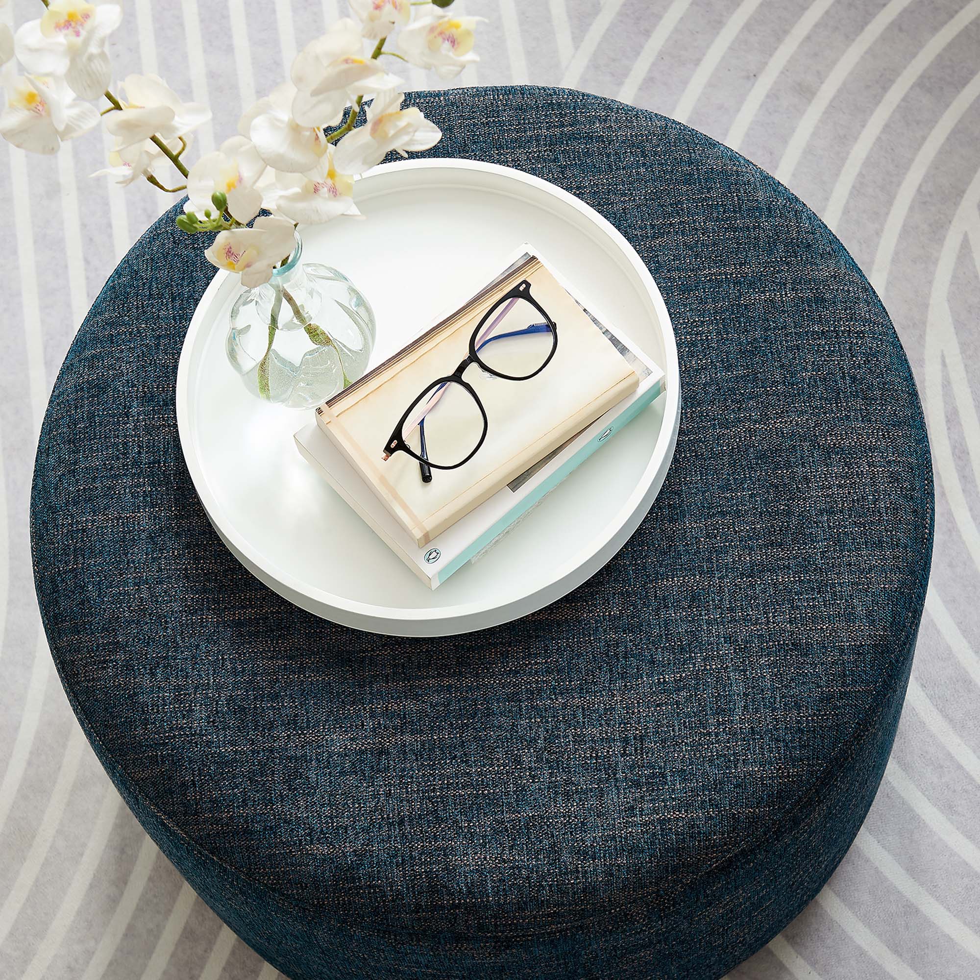 Callum Large 23" Round Woven Heathered Fabric Upholstered Ottoman - Heathered Weave Azure