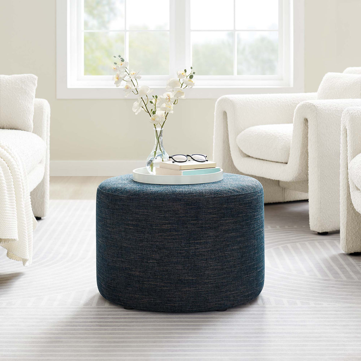 Callum Large 23" Round Woven Heathered Fabric Upholstered Ottoman - Heathered Weave Azure
