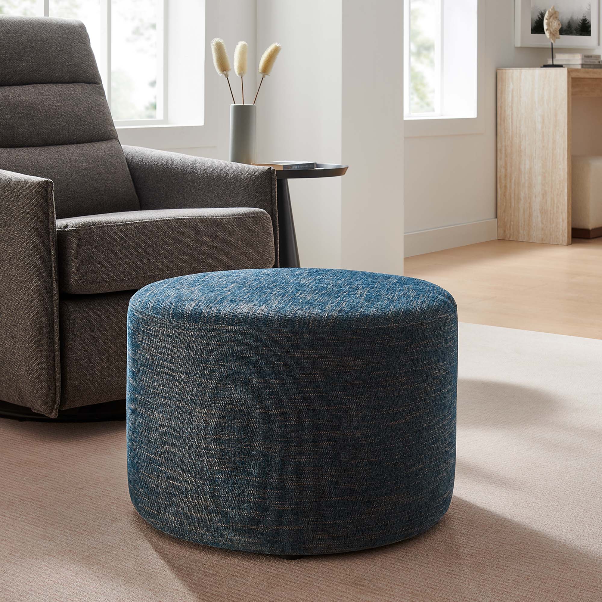 Callum Large 23" Round Woven Heathered Fabric Upholstered Ottoman - Heathered Weave Azure