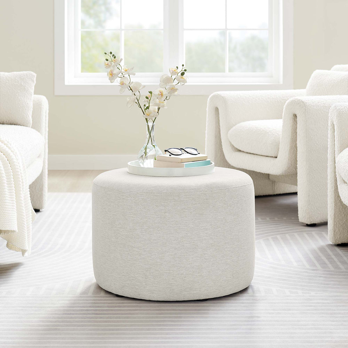 Callum Large 23" Round Woven Heathered Fabric Upholstered Ottoman - Heathered Weave Ivory