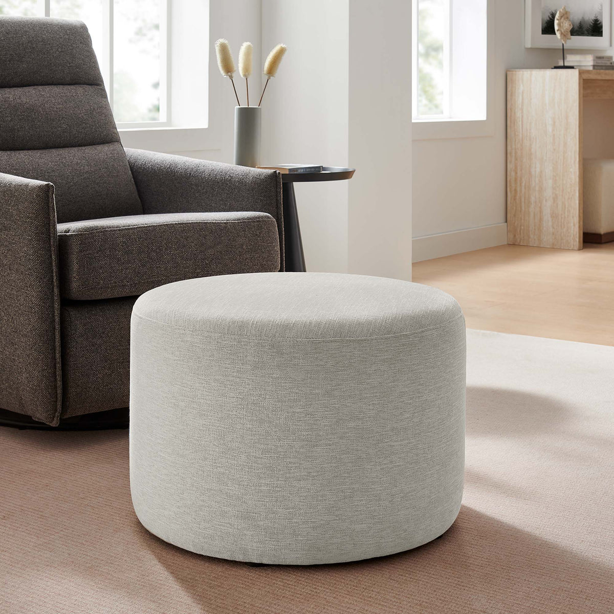 Callum Large 23" Round Woven Heathered Fabric Upholstered Ottoman - Heathered Weave Ivory