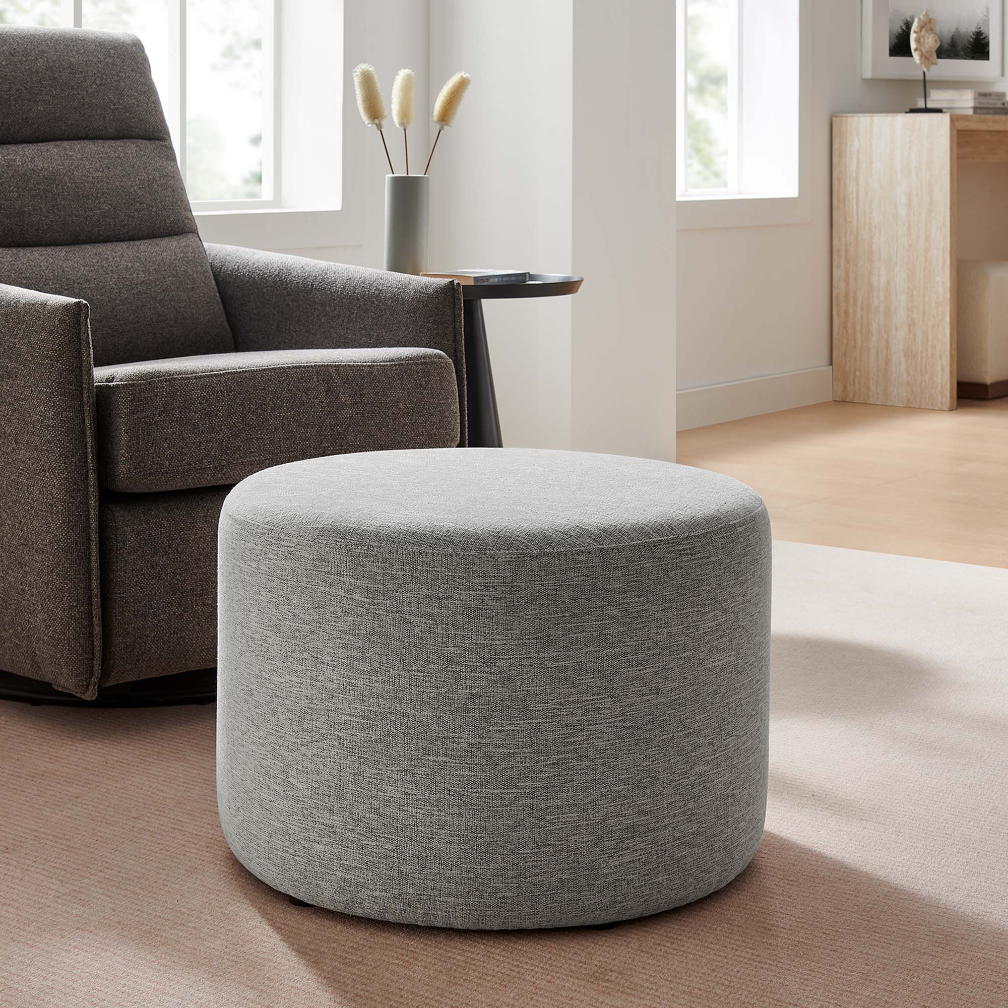 Callum Large 23" Round Woven Heathered Fabric Upholstered Ottoman - Heathered Weave Light Gray