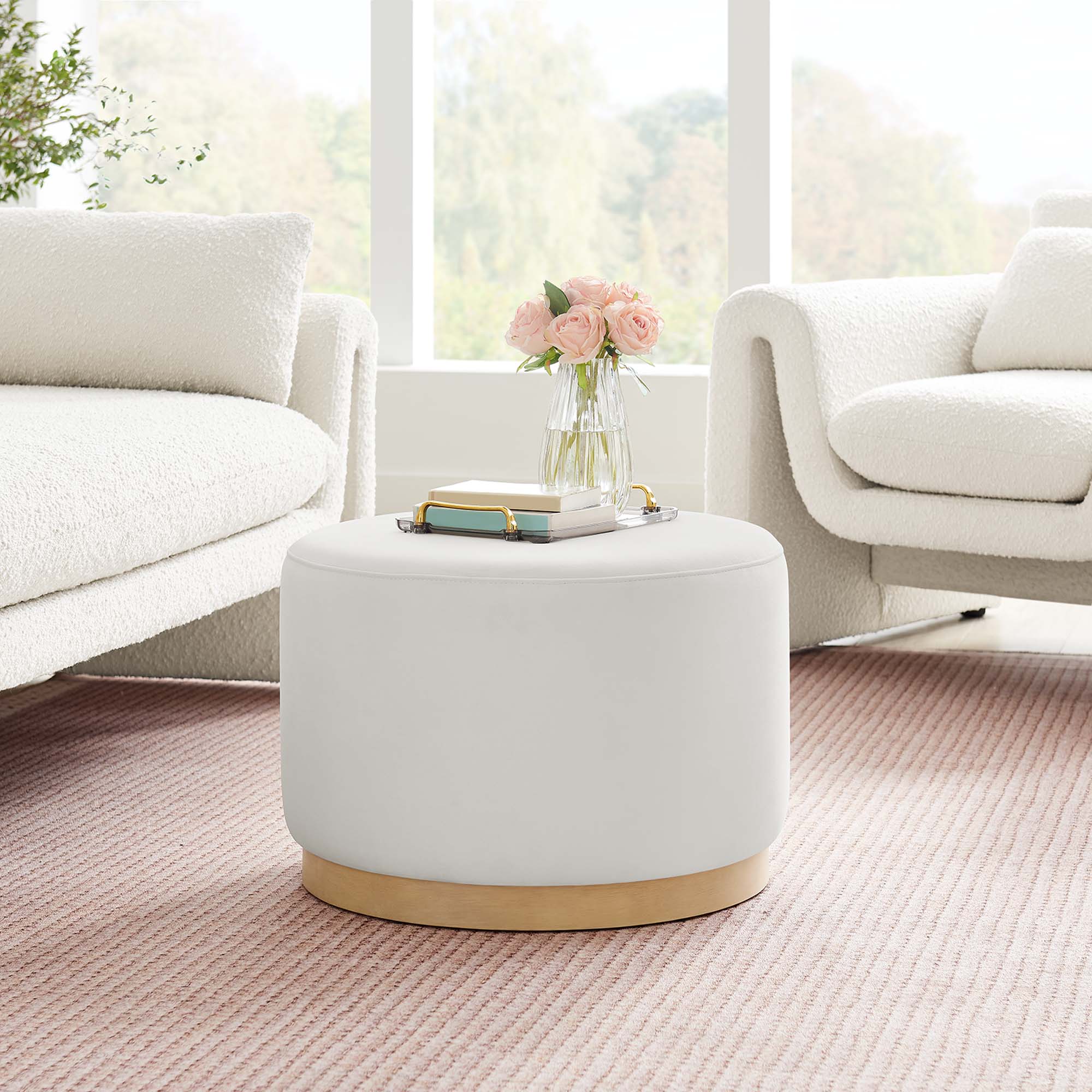 Tilden Large 23" Round Performance Velvet Upholstered Ottoman - Alabaster Natural