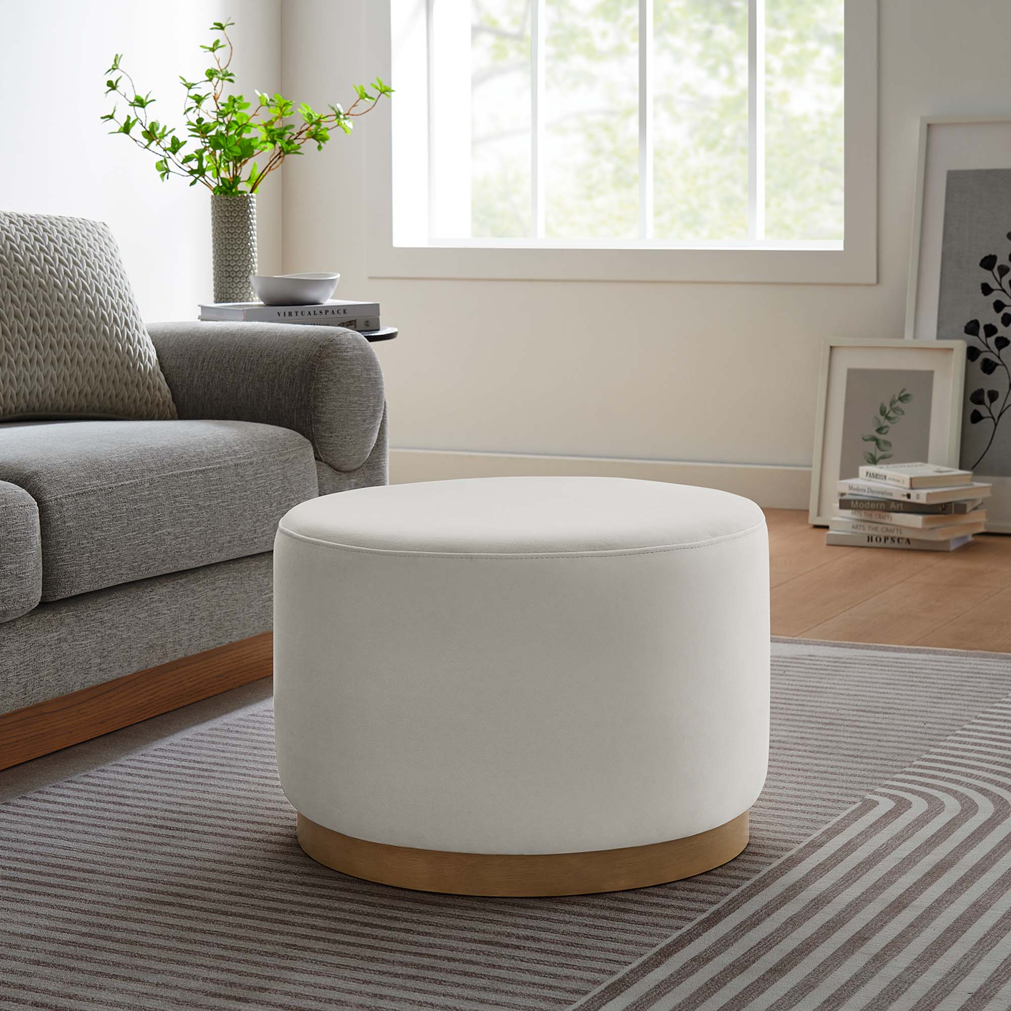 Tilden Large 23" Round Performance Velvet Upholstered Ottoman - Alabaster Natural