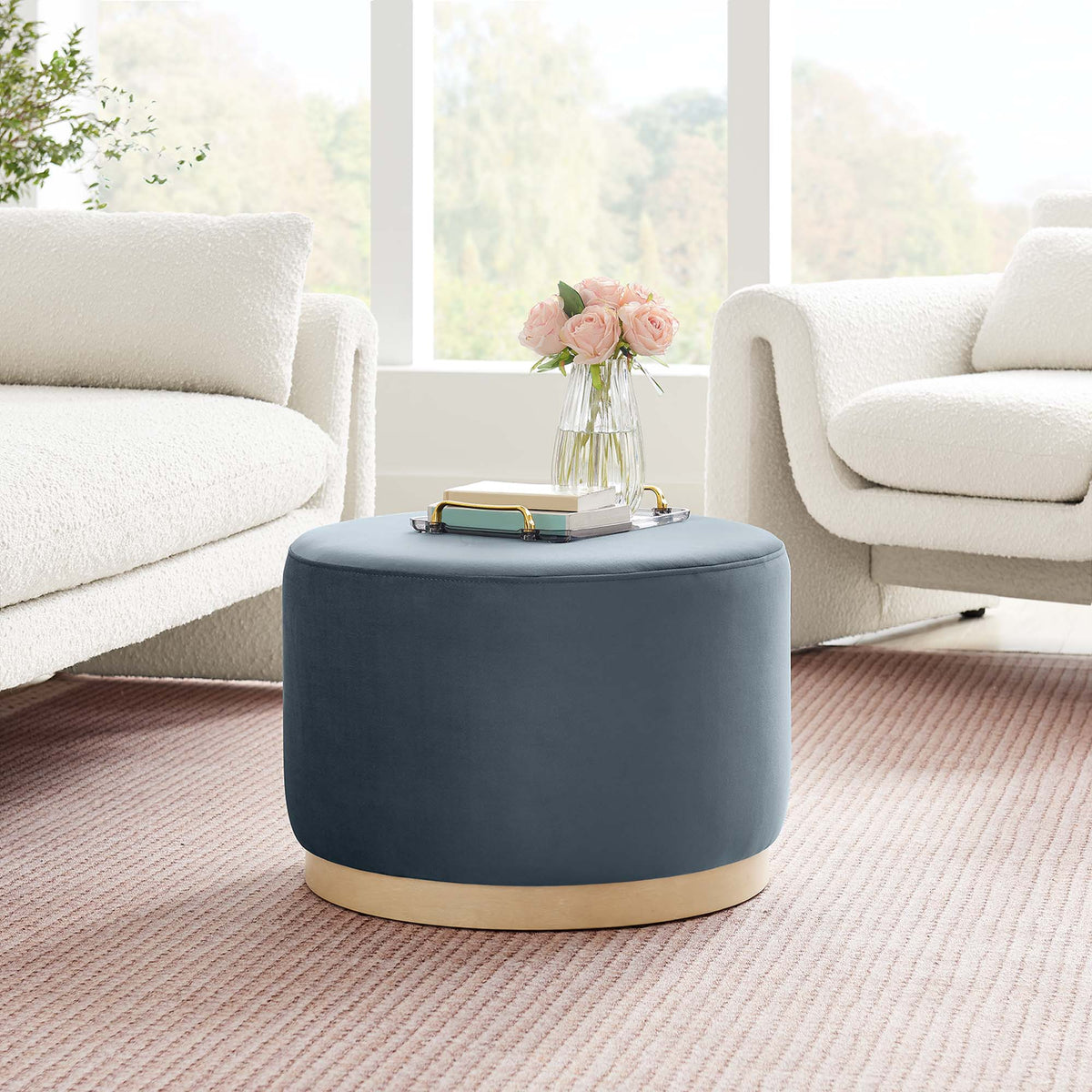 Tilden Large 23" Round Performance Velvet Upholstered Ottoman - Cadet Blue Natural
