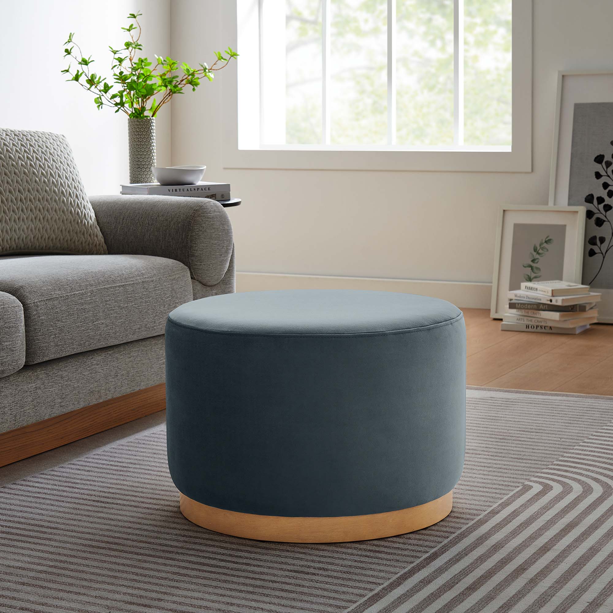 Tilden Large 23" Round Performance Velvet Upholstered Ottoman - Cadet Blue Natural