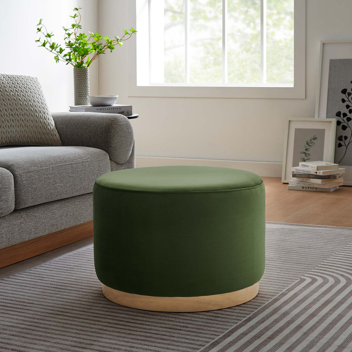 Tilden Large 23" Round Performance Velvet Upholstered Ottoman - Moss Green Natural