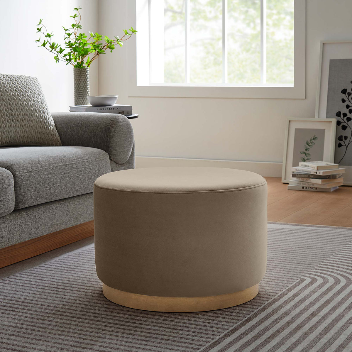 Tilden Large 23" Round Performance Velvet Upholstered Ottoman - Taupe Natural