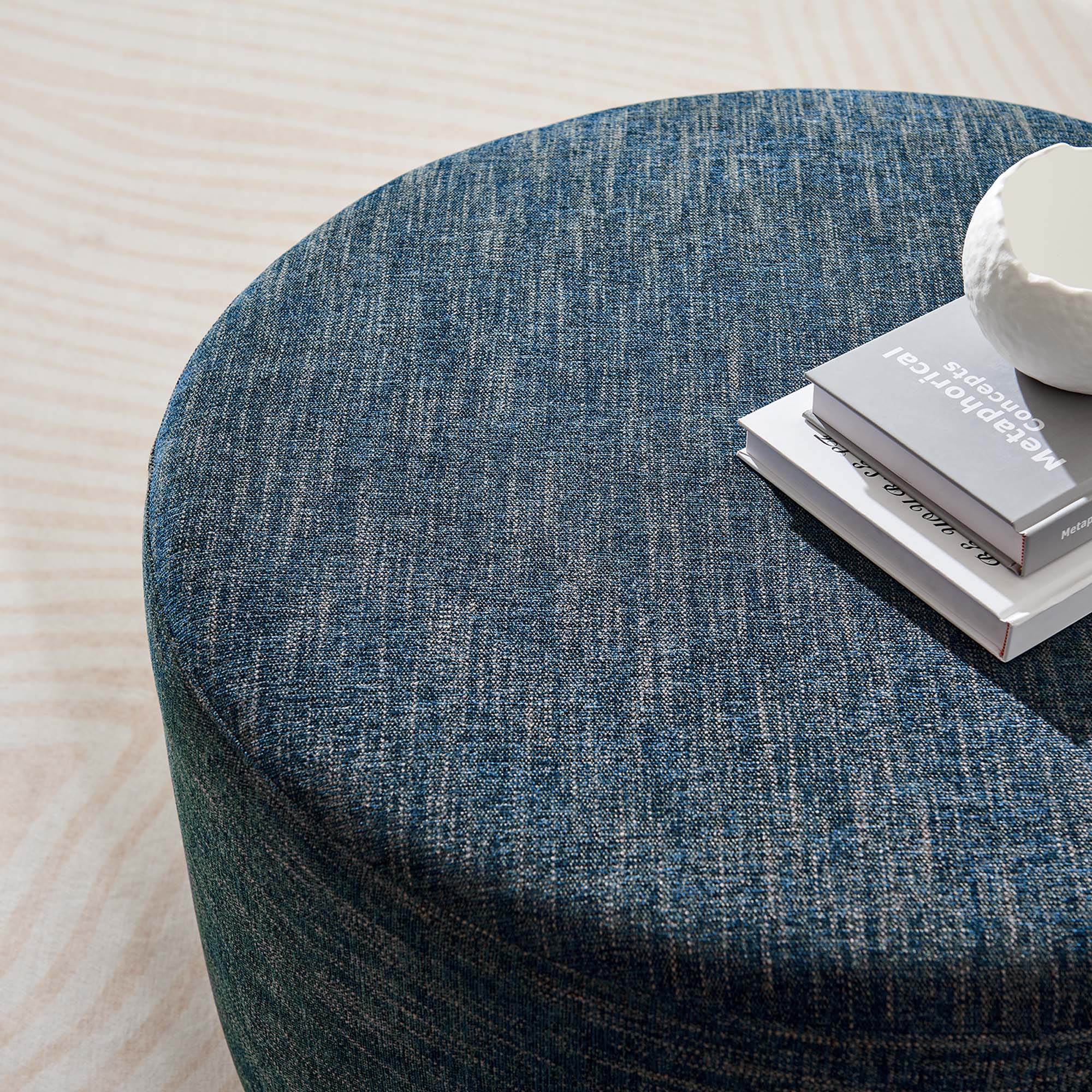 Callum Large 29" Round Woven Heathered Fabric Upholstered Ottoman - Heathered Weave Azure