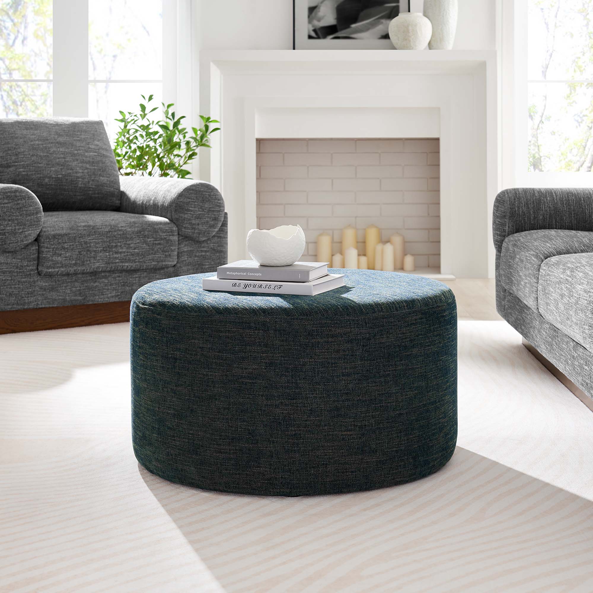 Callum Large 29" Round Woven Heathered Fabric Upholstered Ottoman - Heathered Weave Azure