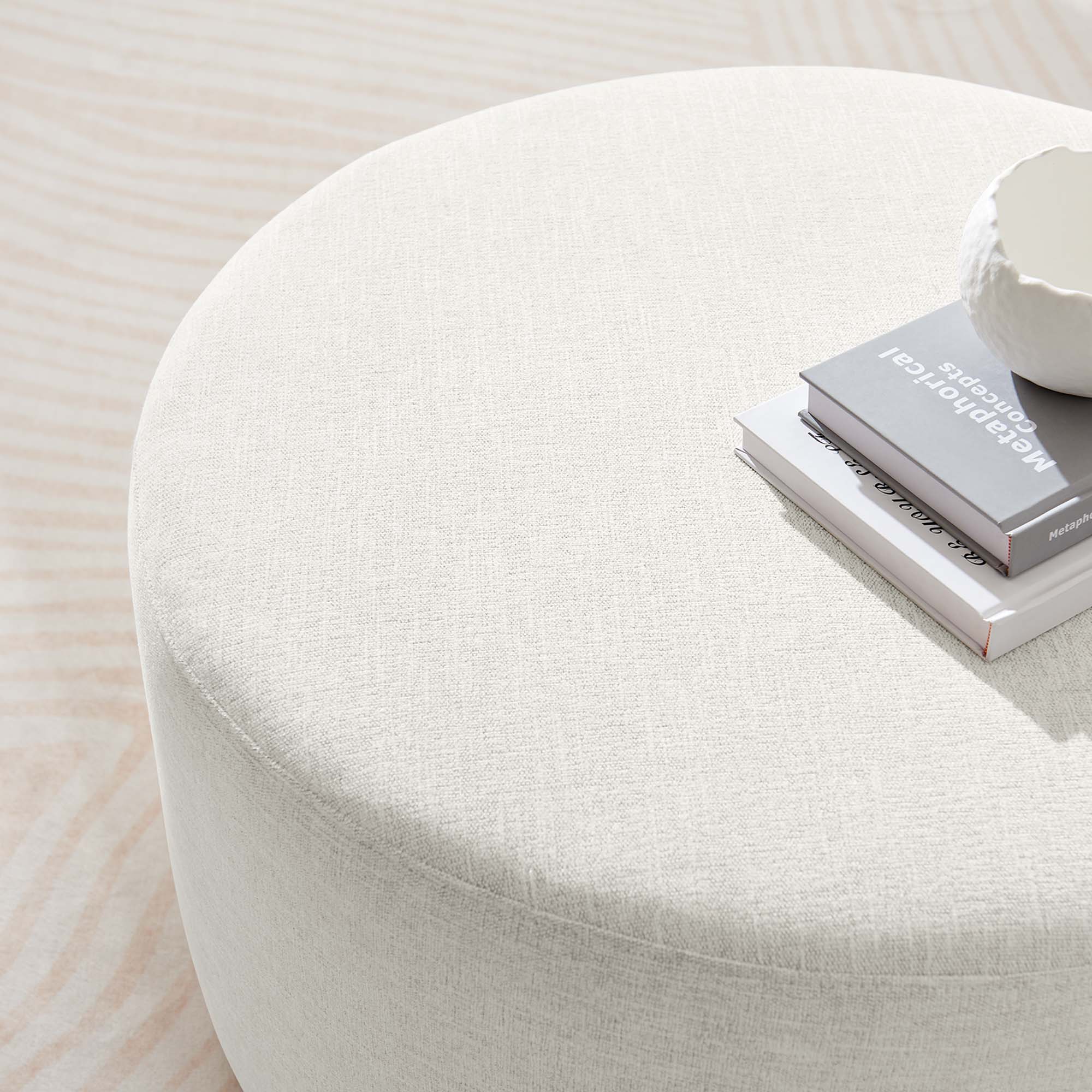 Callum Large 29" Round Woven Heathered Fabric Upholstered Ottoman - Heathered Weave Ivory