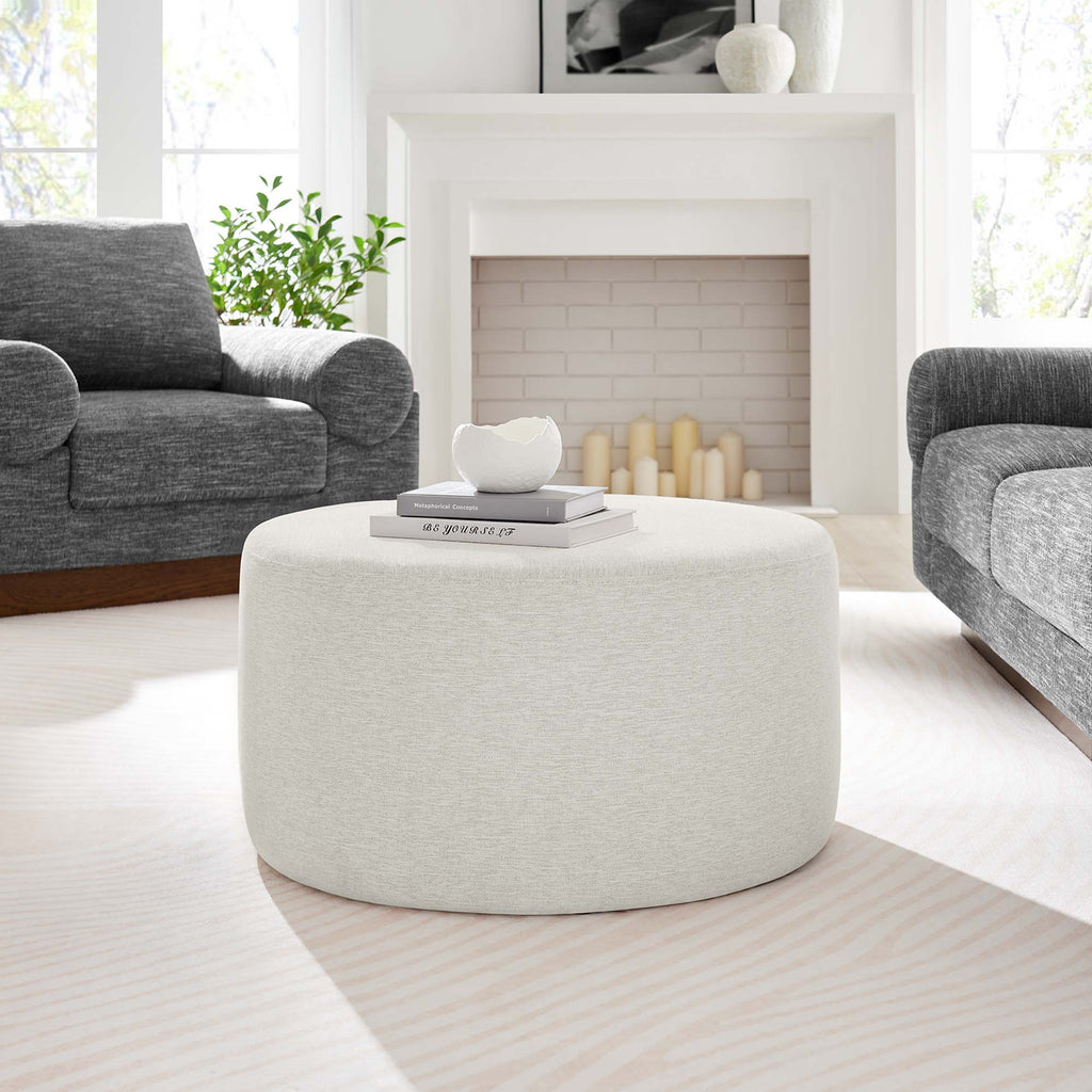 Callum Large 29" Round Woven Heathered Fabric Upholstered Ottoman - Heathered Weave Ivory