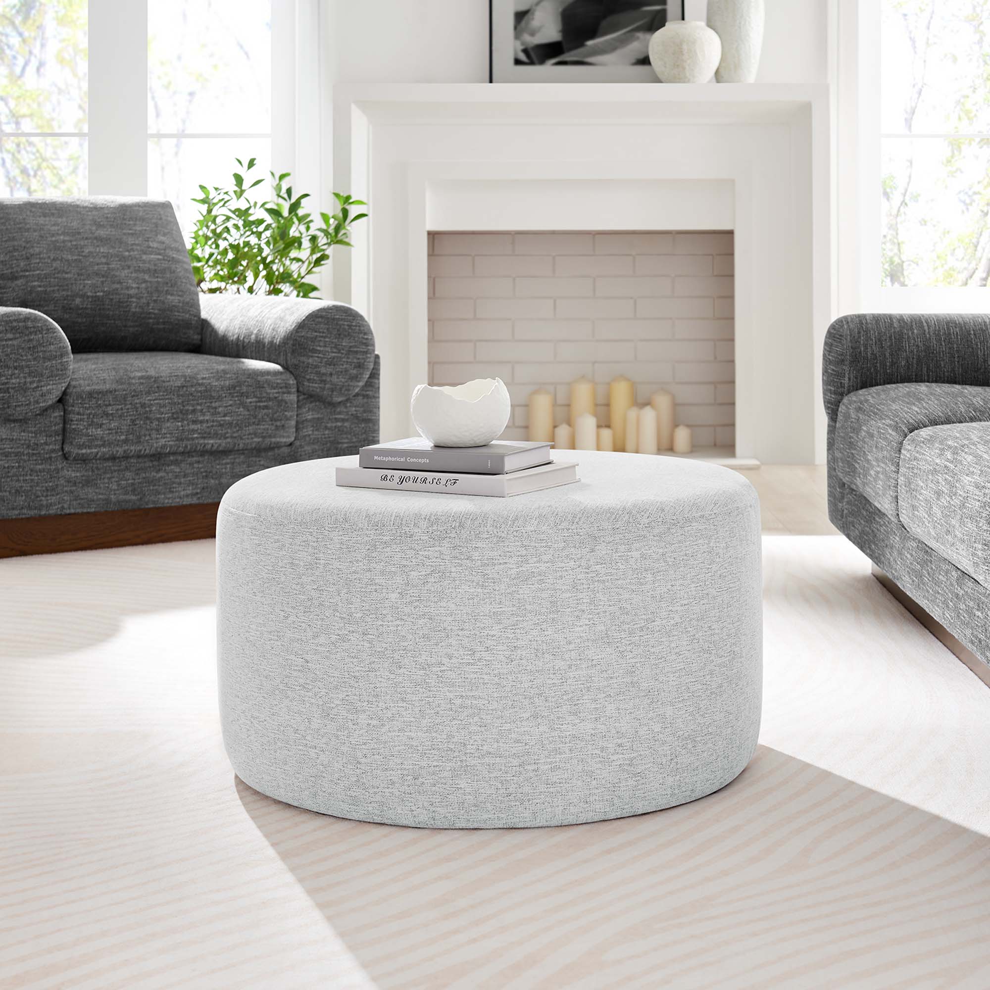 Callum Large 29" Round Woven Heathered Fabric Upholstered Ottoman - Heathered Weave Light Gray