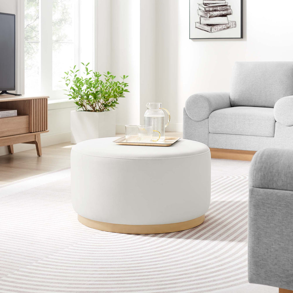 Tilden Large 29" Round Performance Velvet Upholstered Ottoman - Alabaster Natural