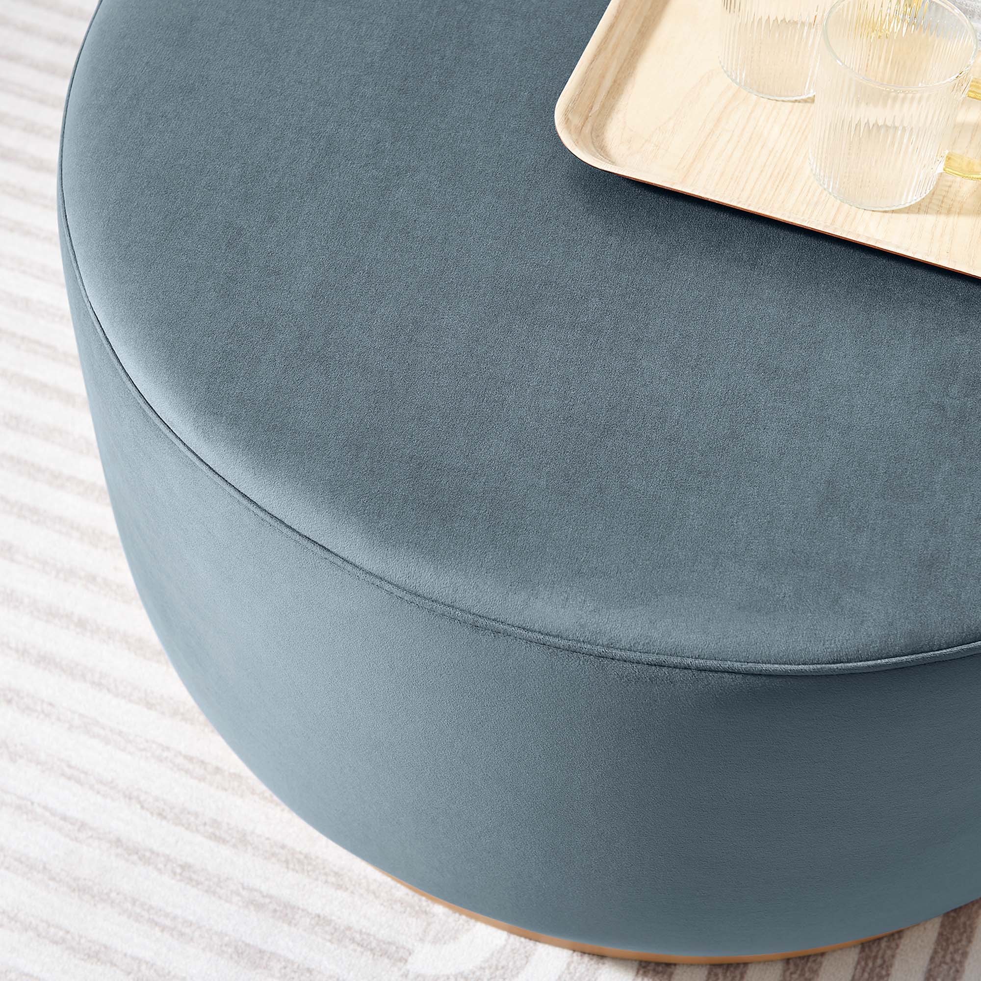 Tilden Large 29" Round Performance Velvet Upholstered Ottoman - Cadet Blue Natural