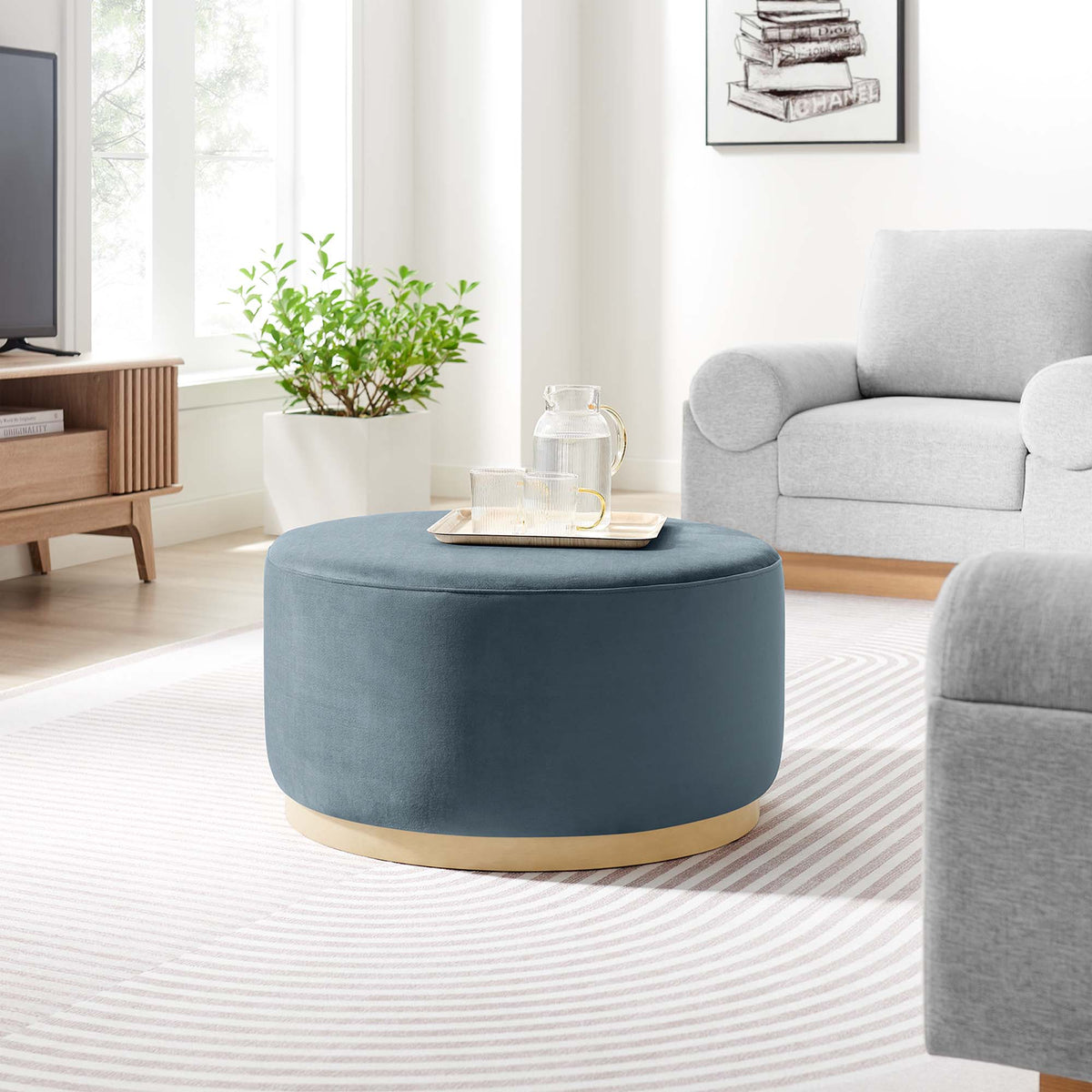 Tilden Large 29" Round Performance Velvet Upholstered Ottoman - Cadet Blue Natural