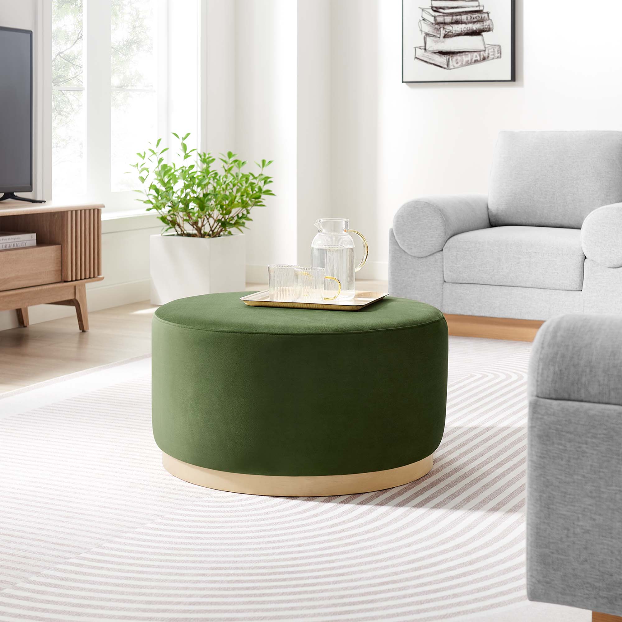 Tilden Large 29" Round Performance Velvet Upholstered Ottoman - Moss Green Natural