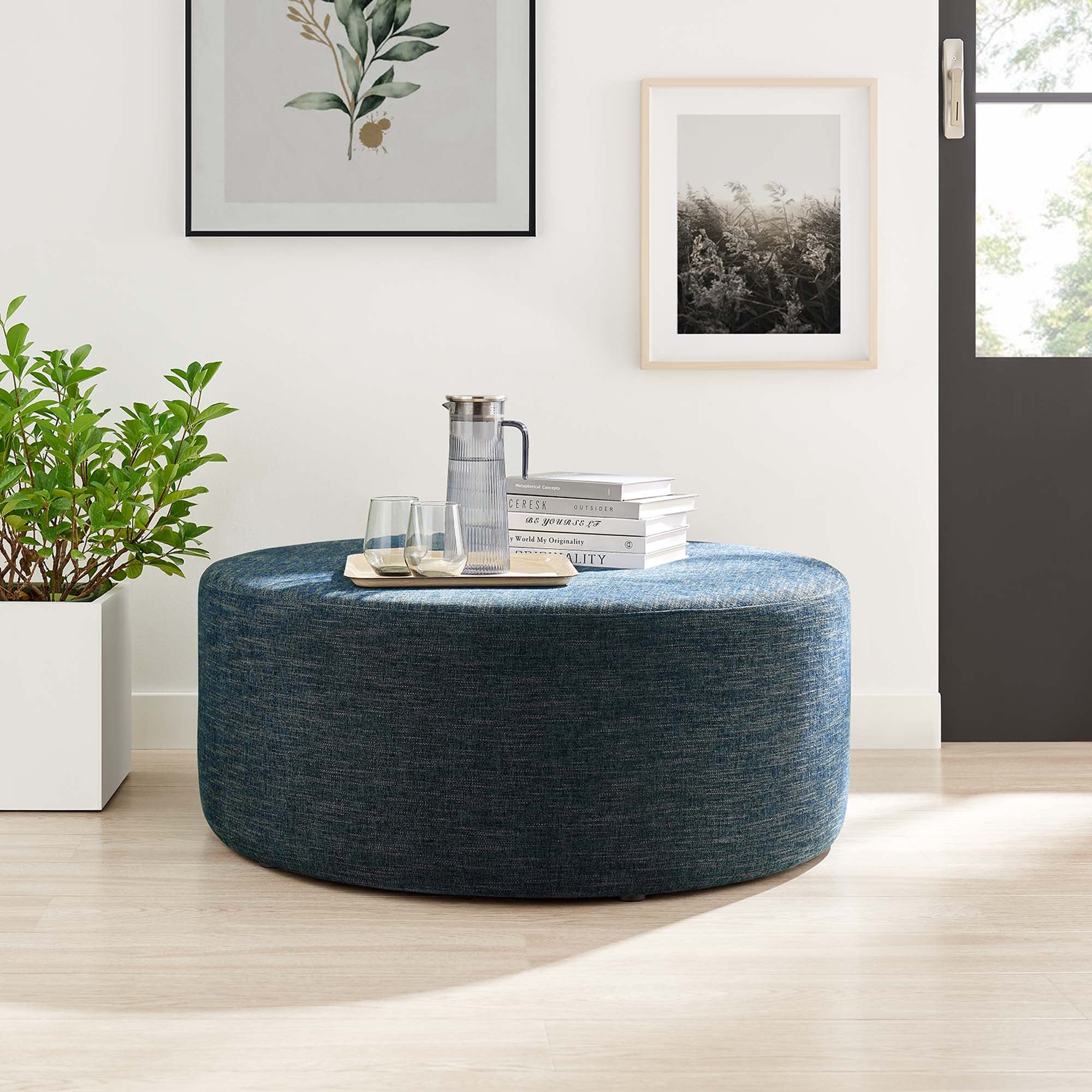 Callum Large 38" Round Woven Heathered Fabric Upholstered Ottoman - Heathered Weave Azure