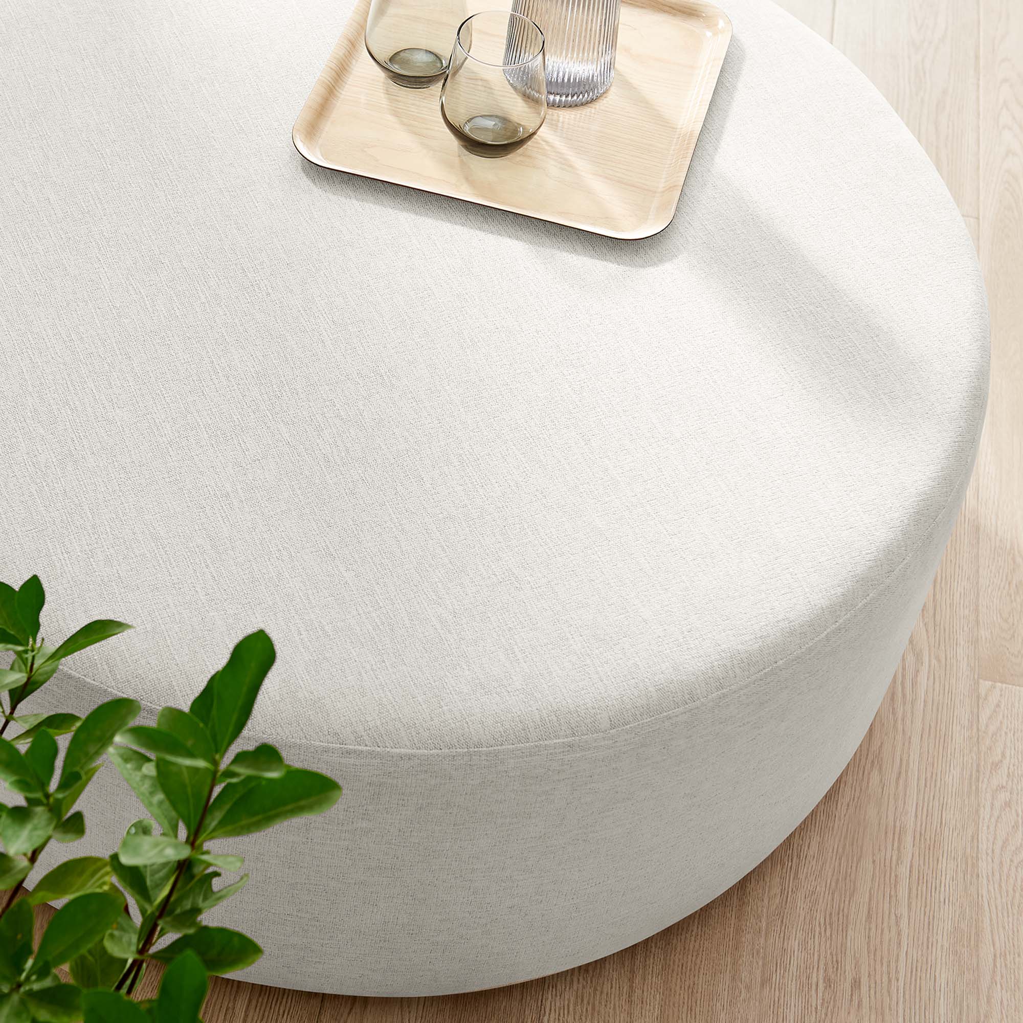 Callum Large 38" Round Woven Heathered Fabric Upholstered Ottoman - Heathered Weave Ivory