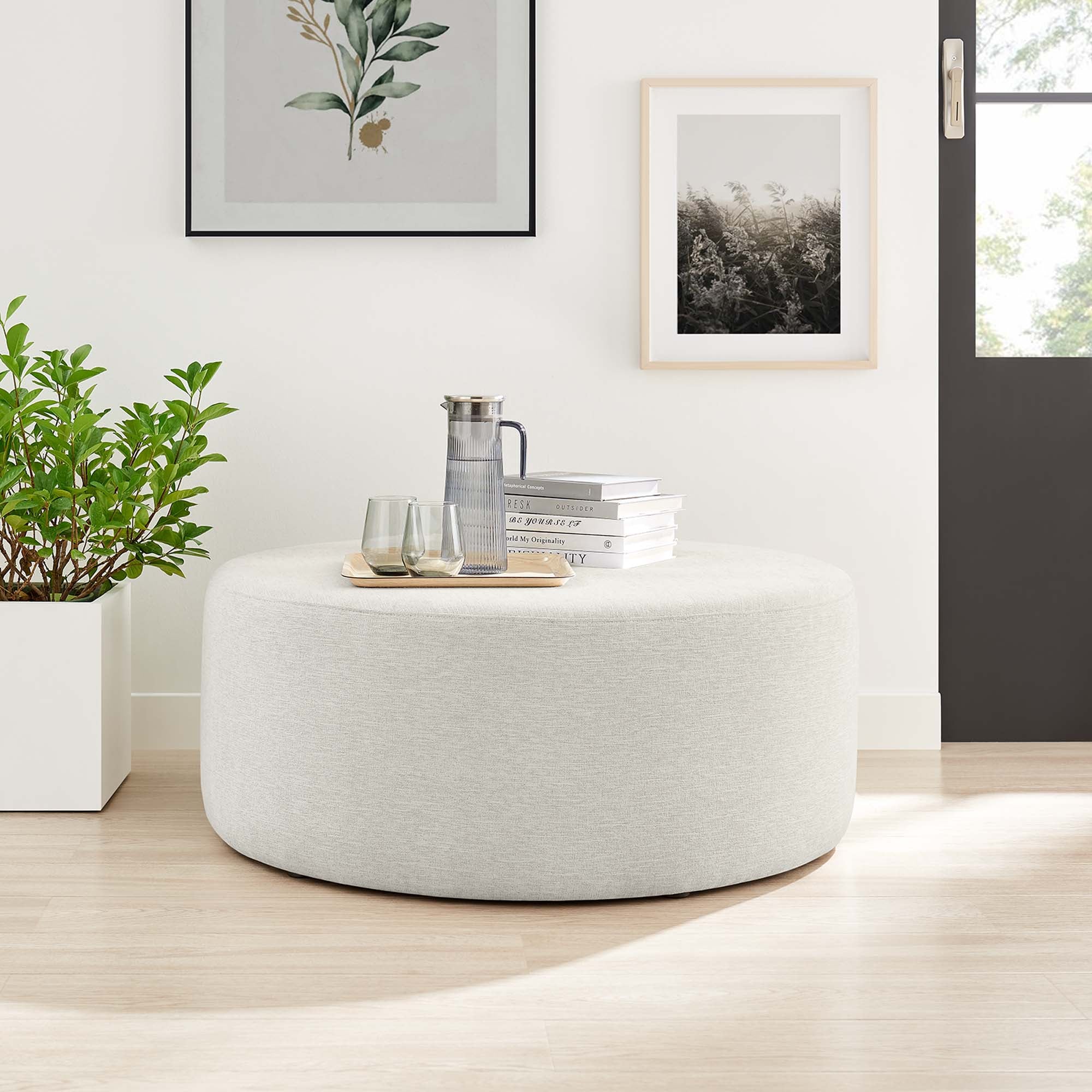 Callum Large 38" Round Woven Heathered Fabric Upholstered Ottoman - Heathered Weave Ivory