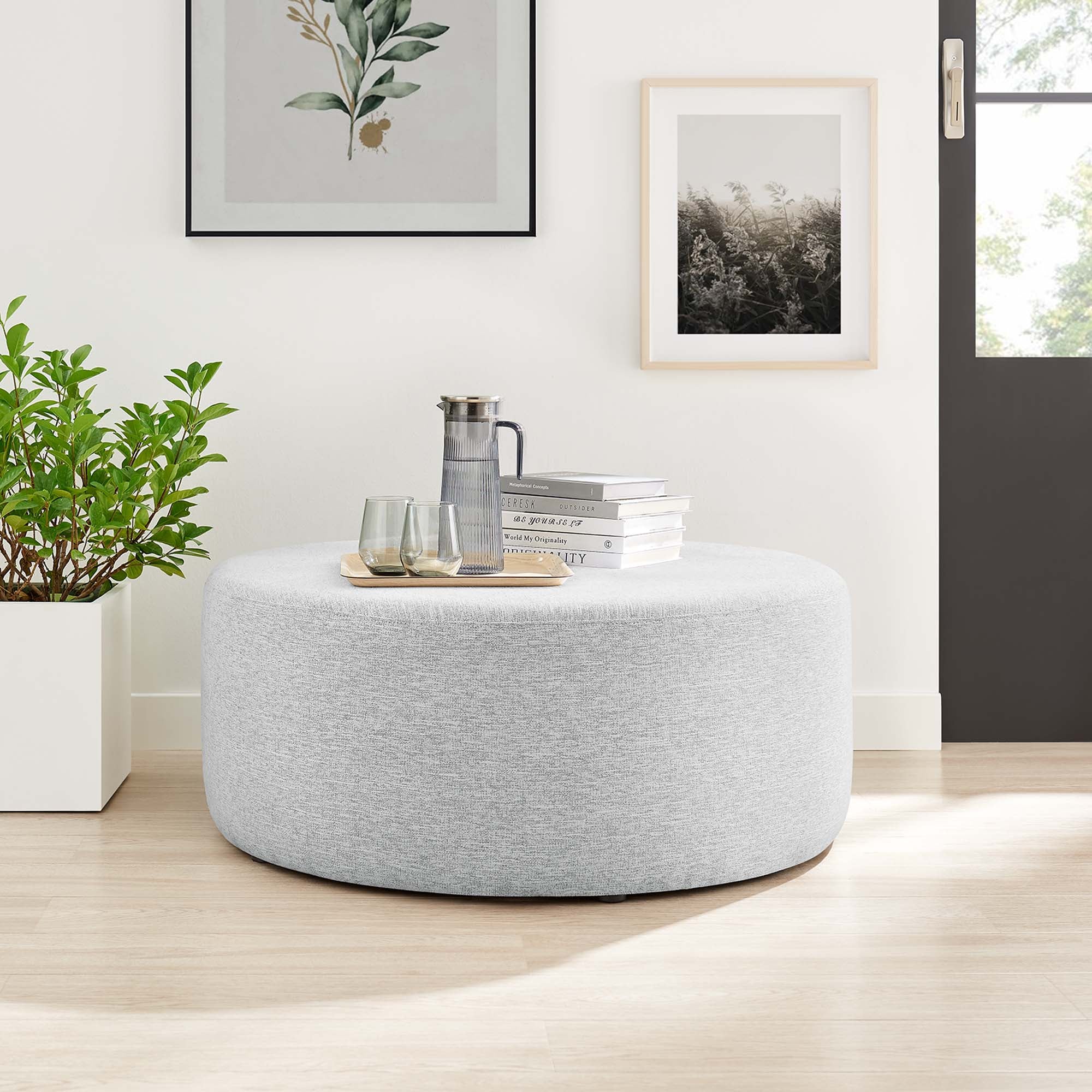 Callum Large 38" Round Woven Heathered Fabric Upholstered Ottoman - Heathered Weave Light Gray