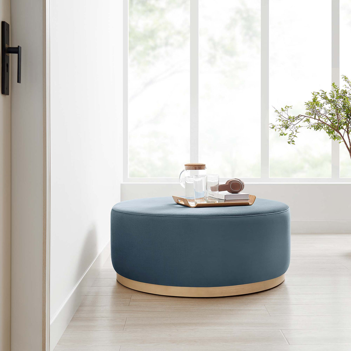 Tilden Large 38" Round Performance Velvet Upholstered Ottoman - Cadet Blue Natural