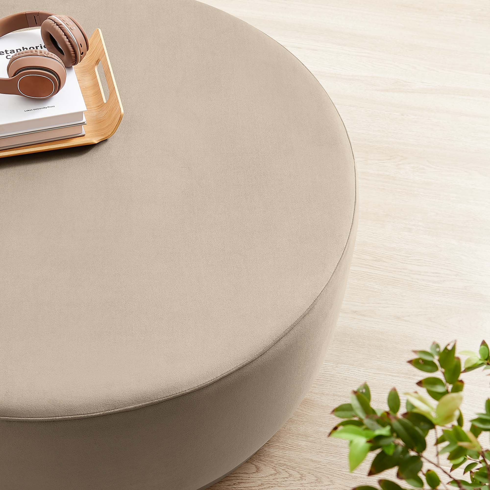 Tilden Large 38" Round Performance Velvet Upholstered Ottoman - Taupe Natural