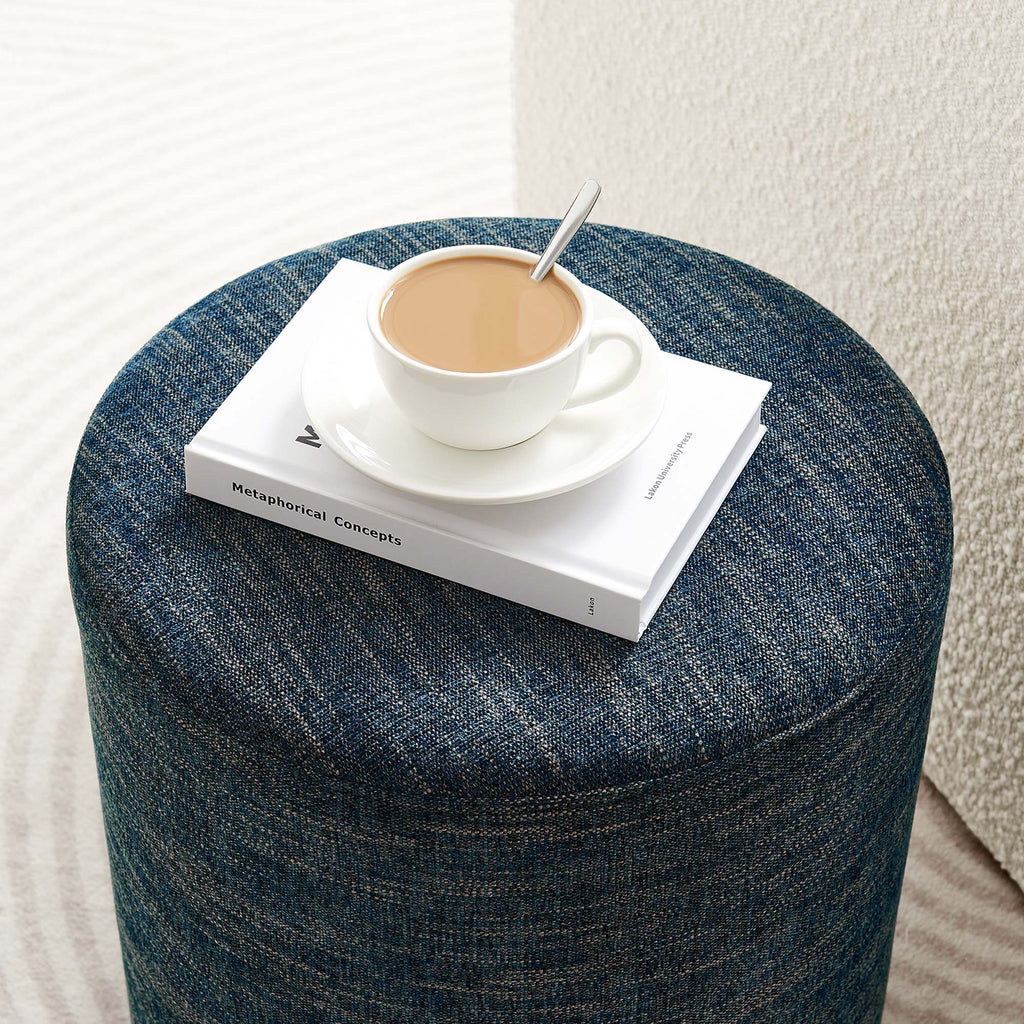 Callum 16" Round Woven Heathered Fabric Upholstered Ottoman - Heathered Weave Azure