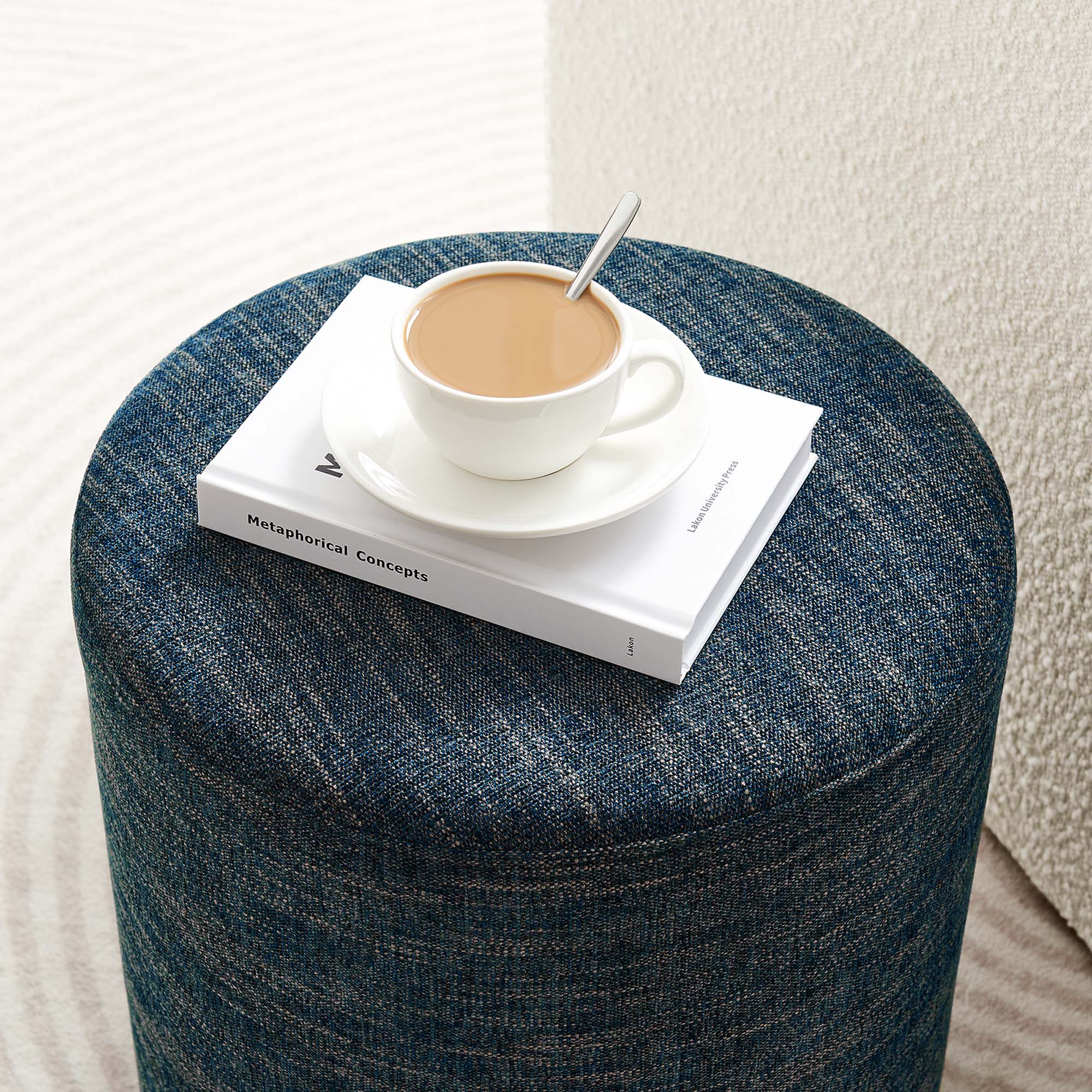 Callum 16" Round Woven Heathered Fabric Upholstered Ottoman - Heathered Weave Azure