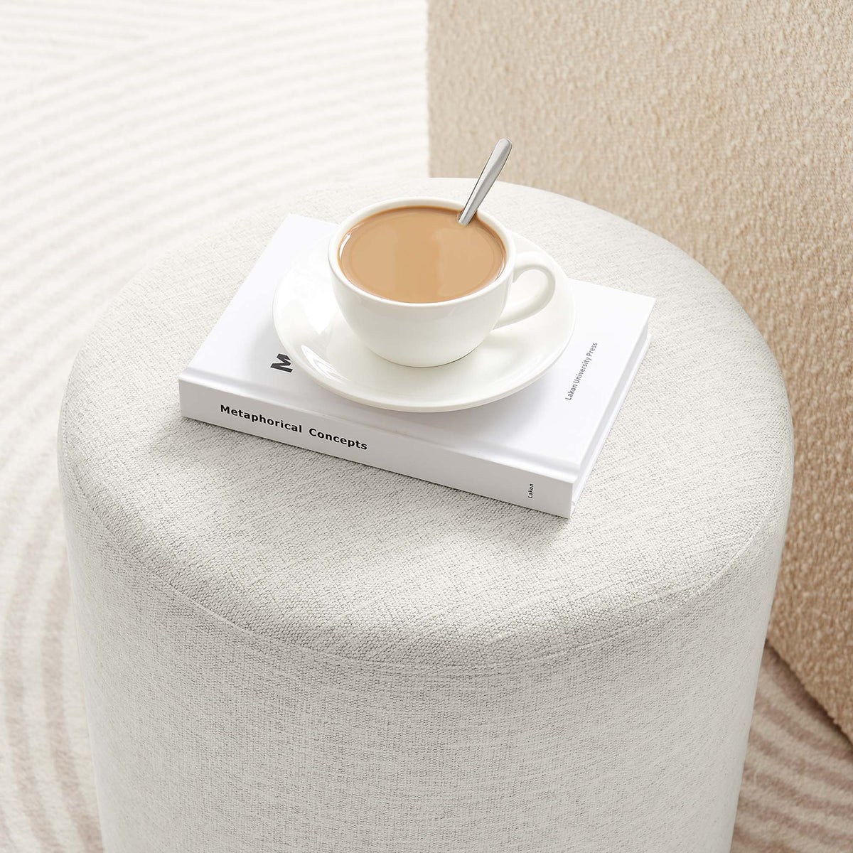 Callum 16" Round Woven Heathered Fabric Upholstered Ottoman - Heathered Weave Ivory