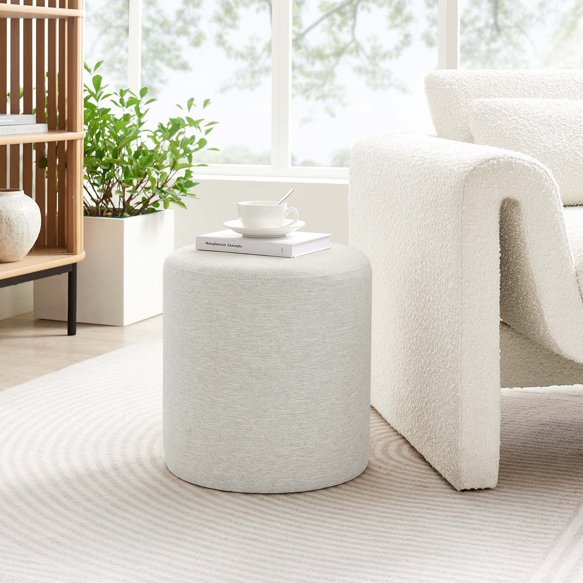 Callum 16" Round Woven Heathered Fabric Upholstered Ottoman - Heathered Weave Ivory