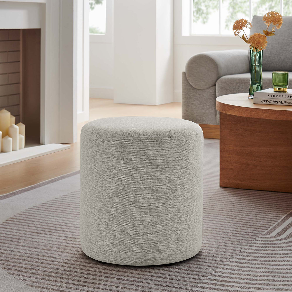 Callum 16" Round Woven Heathered Fabric Upholstered Ottoman - Heathered Weave Ivory