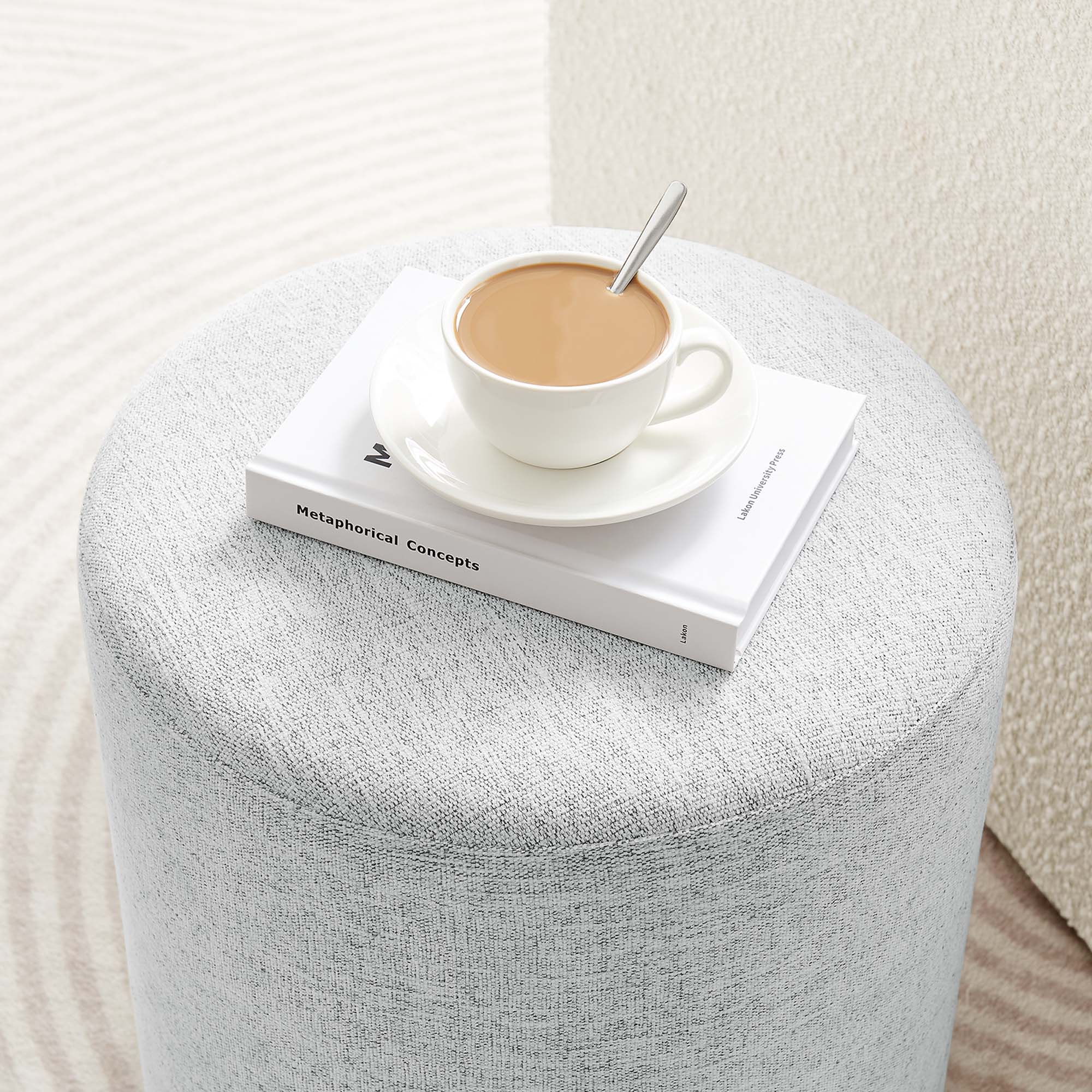 Callum 16" Round Woven Heathered Fabric Upholstered Ottoman - Heathered Weave Light Gray