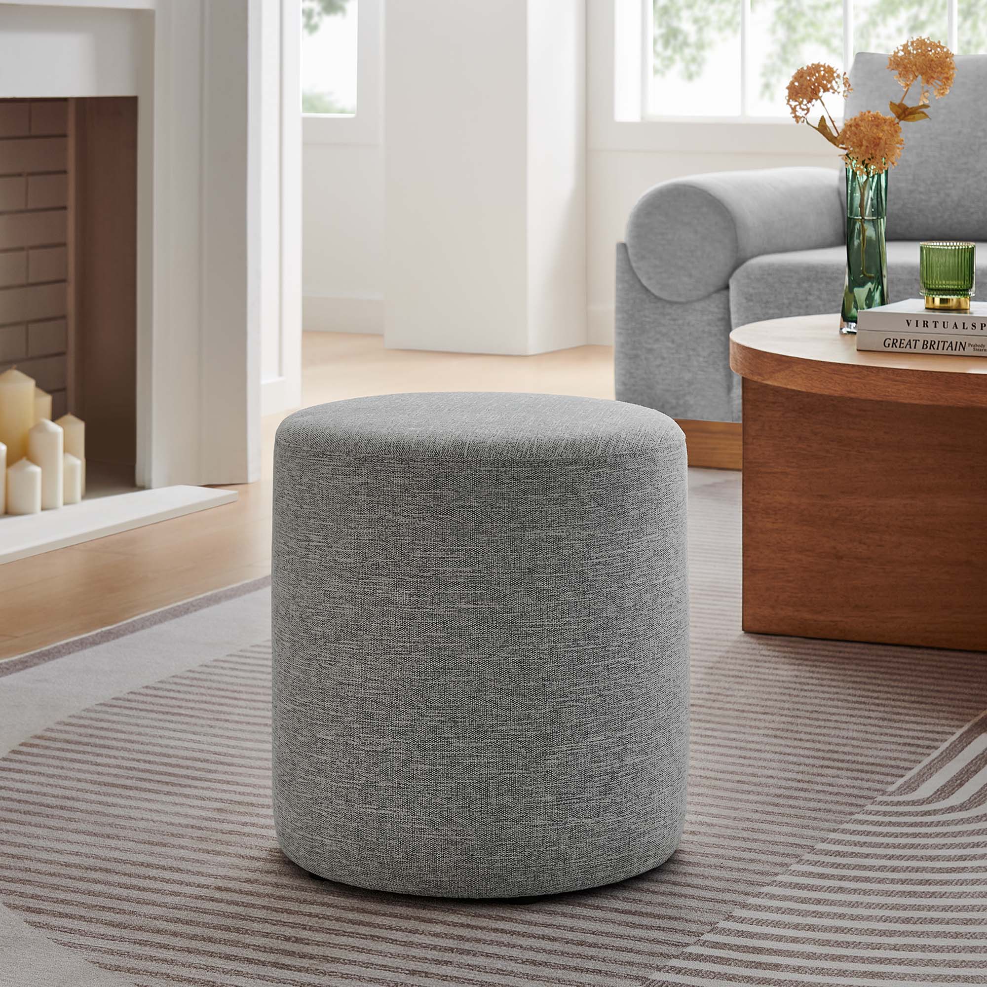 Callum 16" Round Woven Heathered Fabric Upholstered Ottoman - Heathered Weave Light Gray