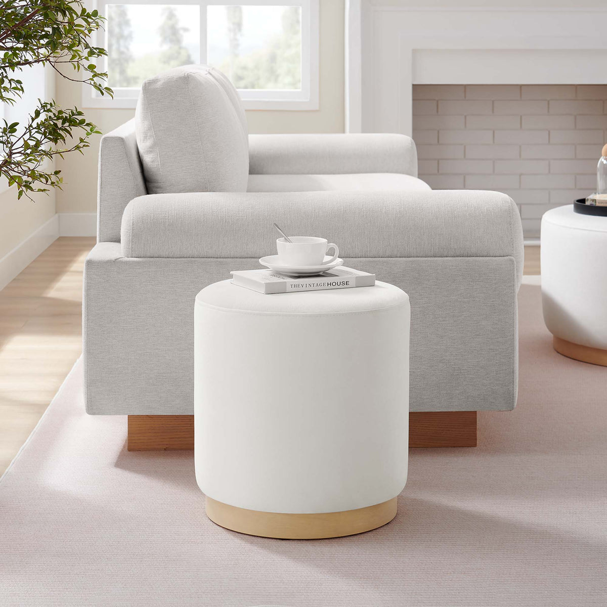 Tilden 16" Round Performance Velvet Upholstered Ottoman - Alabaster Natural