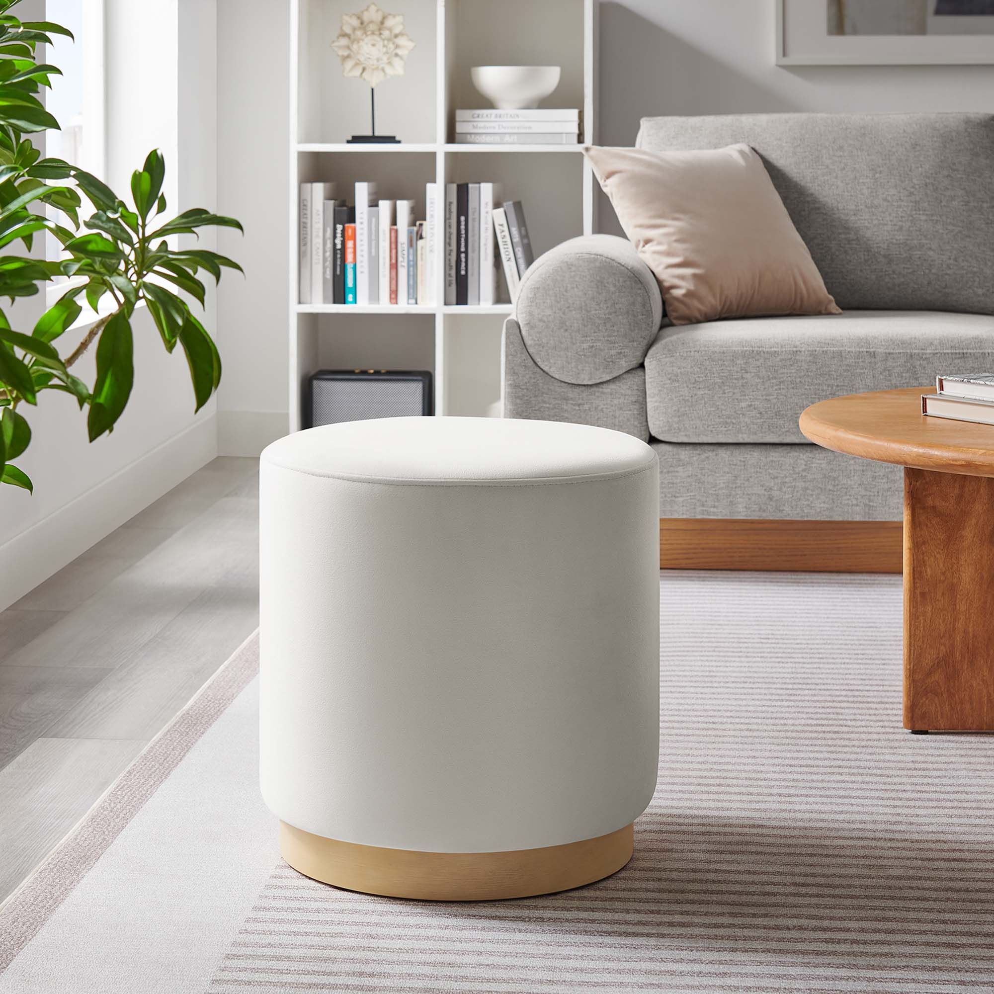 Tilden 16" Round Performance Velvet Upholstered Ottoman - Alabaster Natural