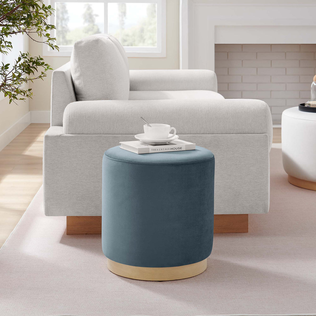 Tilden 16" Round Performance Velvet Upholstered Ottoman - Cadet Blue Natural