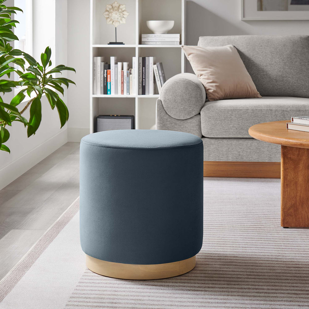 Tilden 16" Round Performance Velvet Upholstered Ottoman - Cadet Blue Natural