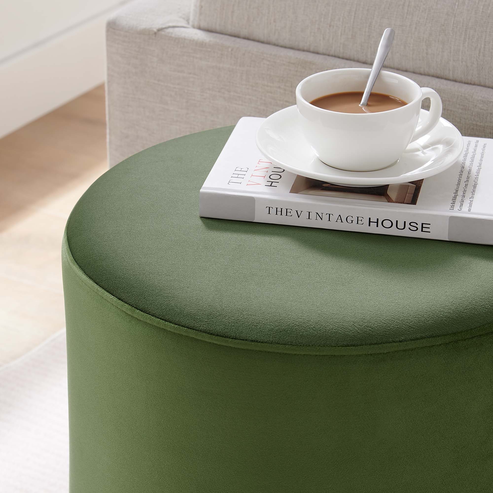 Tilden 16" Round Performance Velvet Upholstered Ottoman - Moss Green Natural