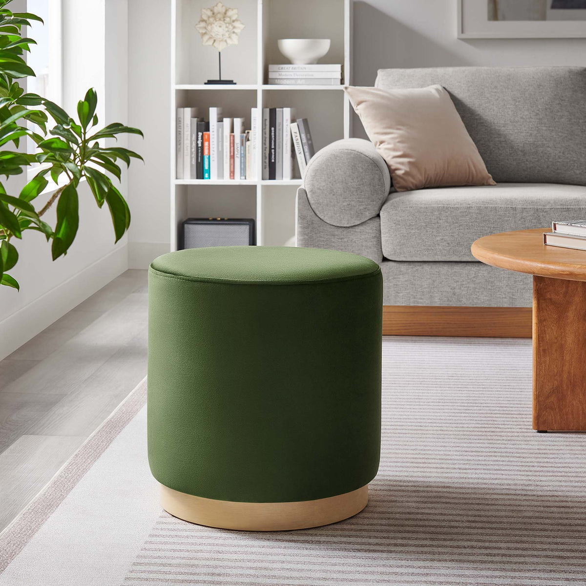 Tilden 16" Round Performance Velvet Upholstered Ottoman - Moss Green Natural