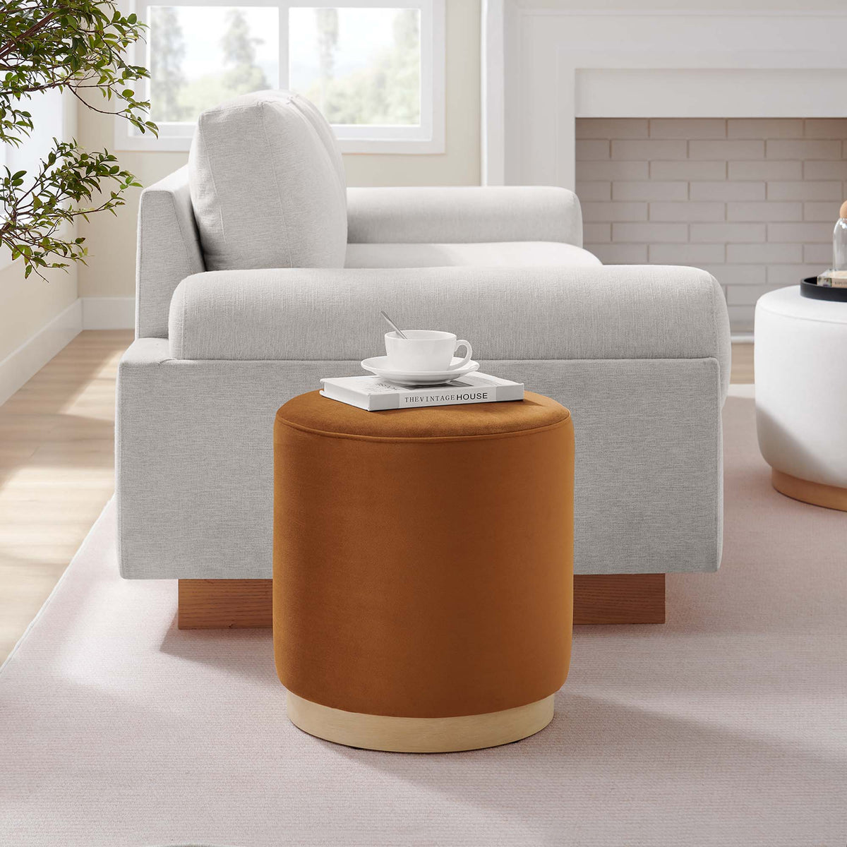 Tilden 16" Round Performance Velvet Upholstered Ottoman - Rust Natural