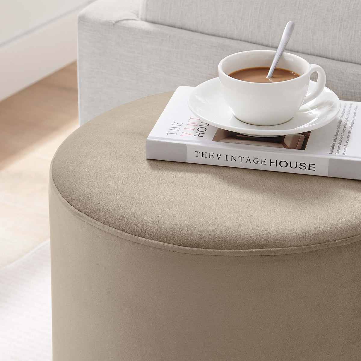 Tilden 16" Round Performance Velvet Upholstered Ottoman - Taupe Natural