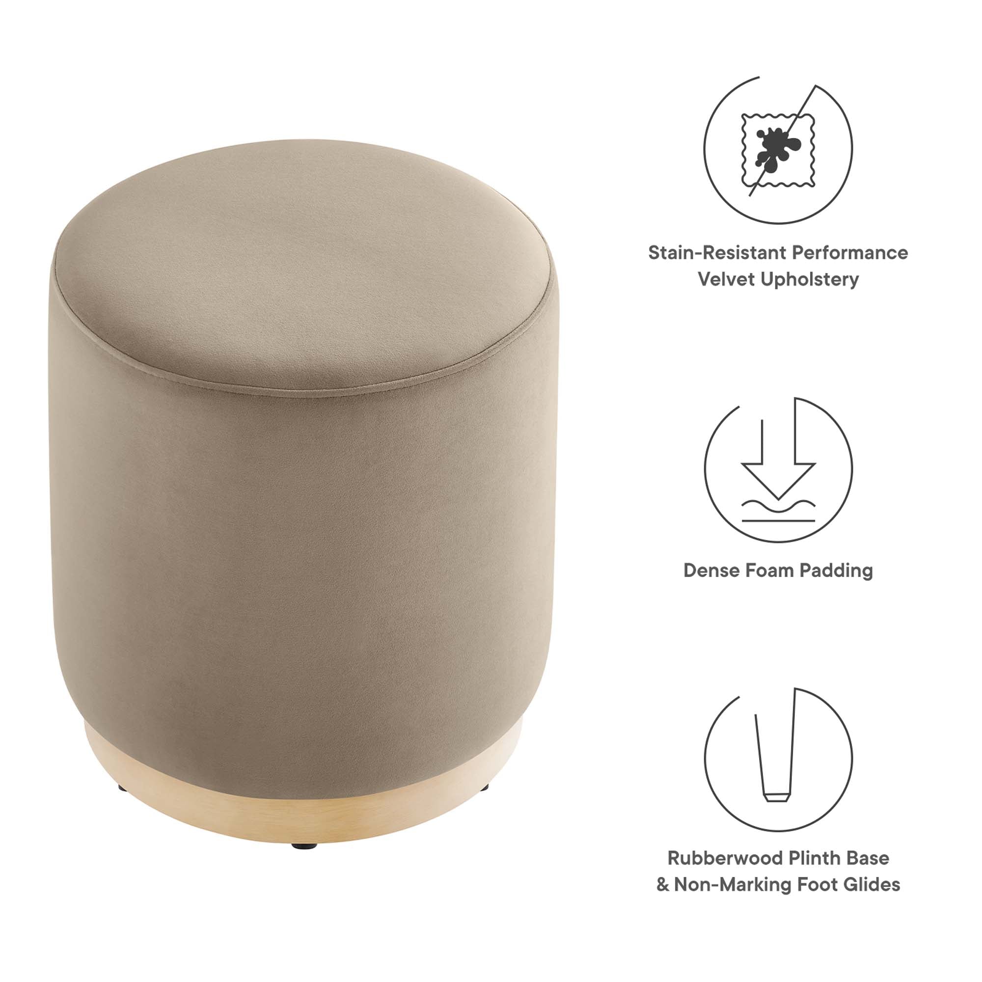 Tilden 16" Round Performance Velvet Upholstered Ottoman - Taupe Natural