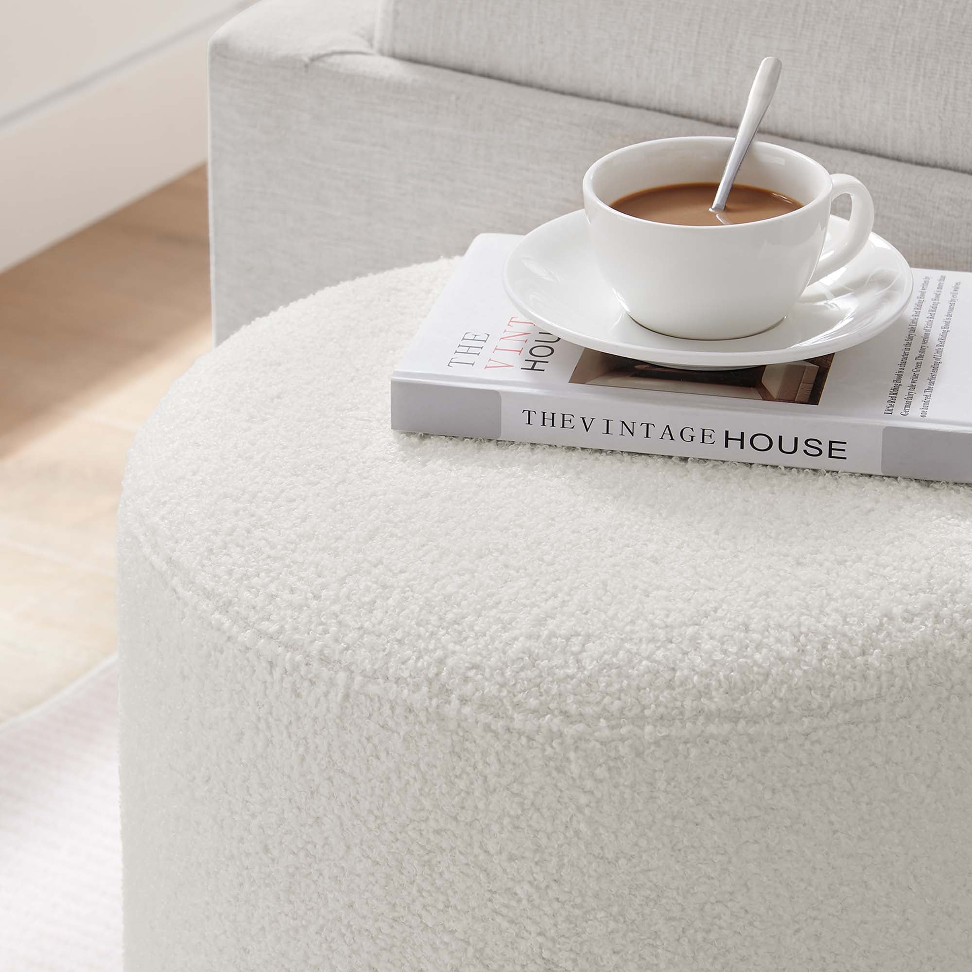 Tilden 16" Round Sherpa Upholstered Ottoman - Ivory Natural