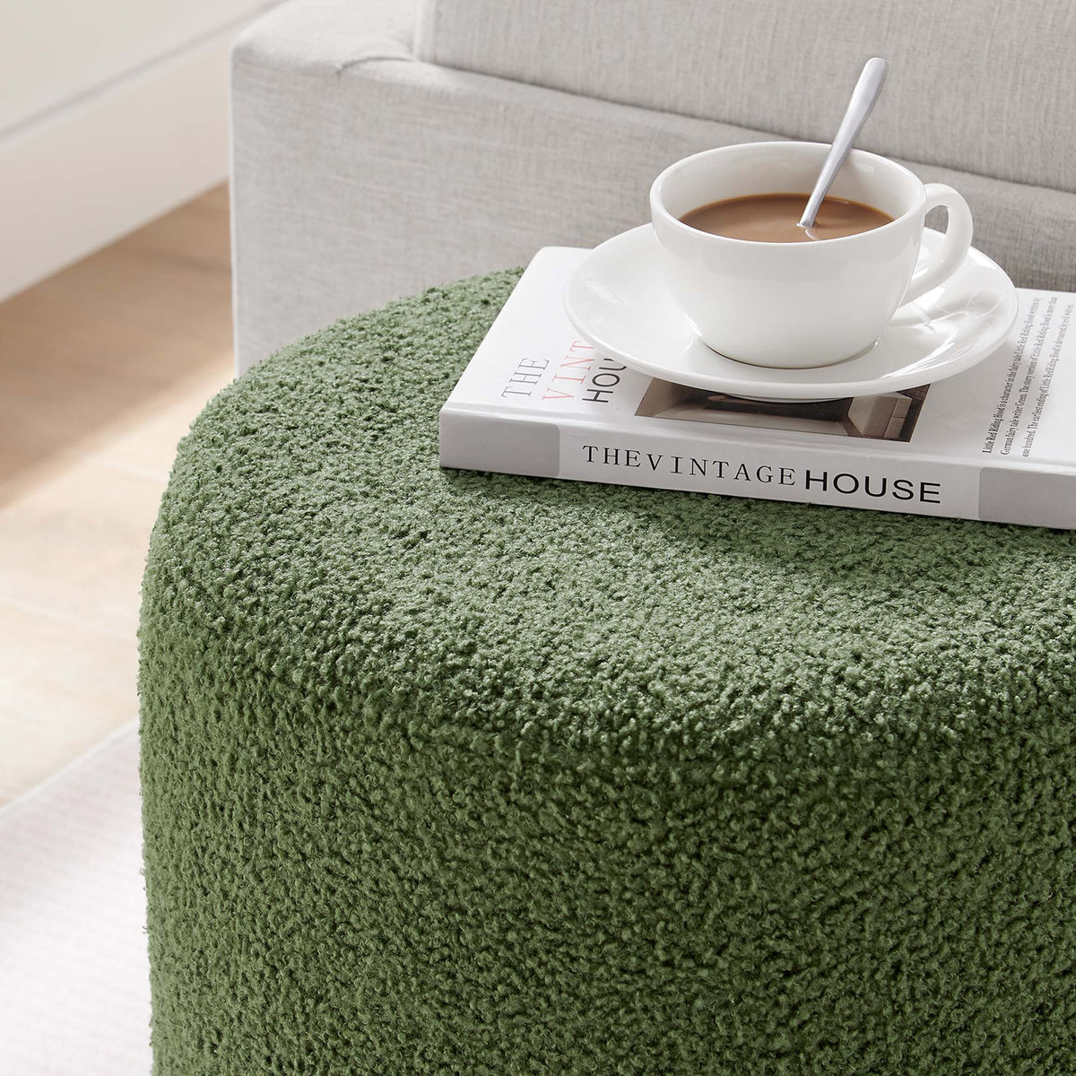 Tilden 16" Round Sherpa Upholstered Ottoman - Moss Green Natural