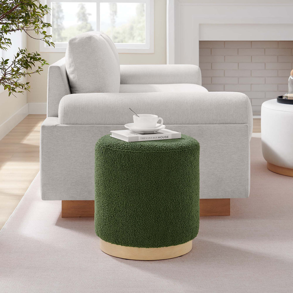 Tilden 16" Round Sherpa Upholstered Ottoman - Moss Green Natural
