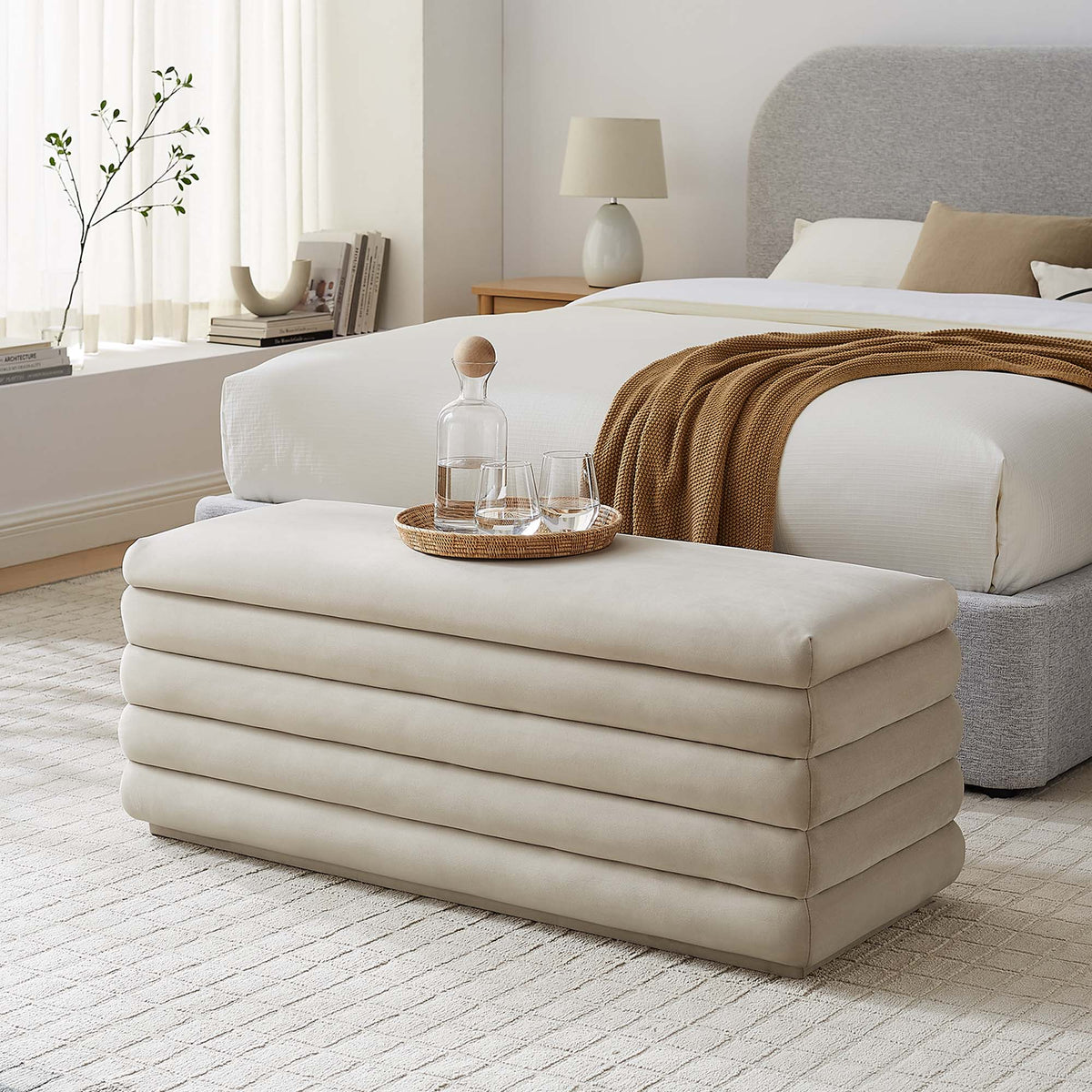 Mezzo Upholstered Performance Velvet Storage Bench - Almond
