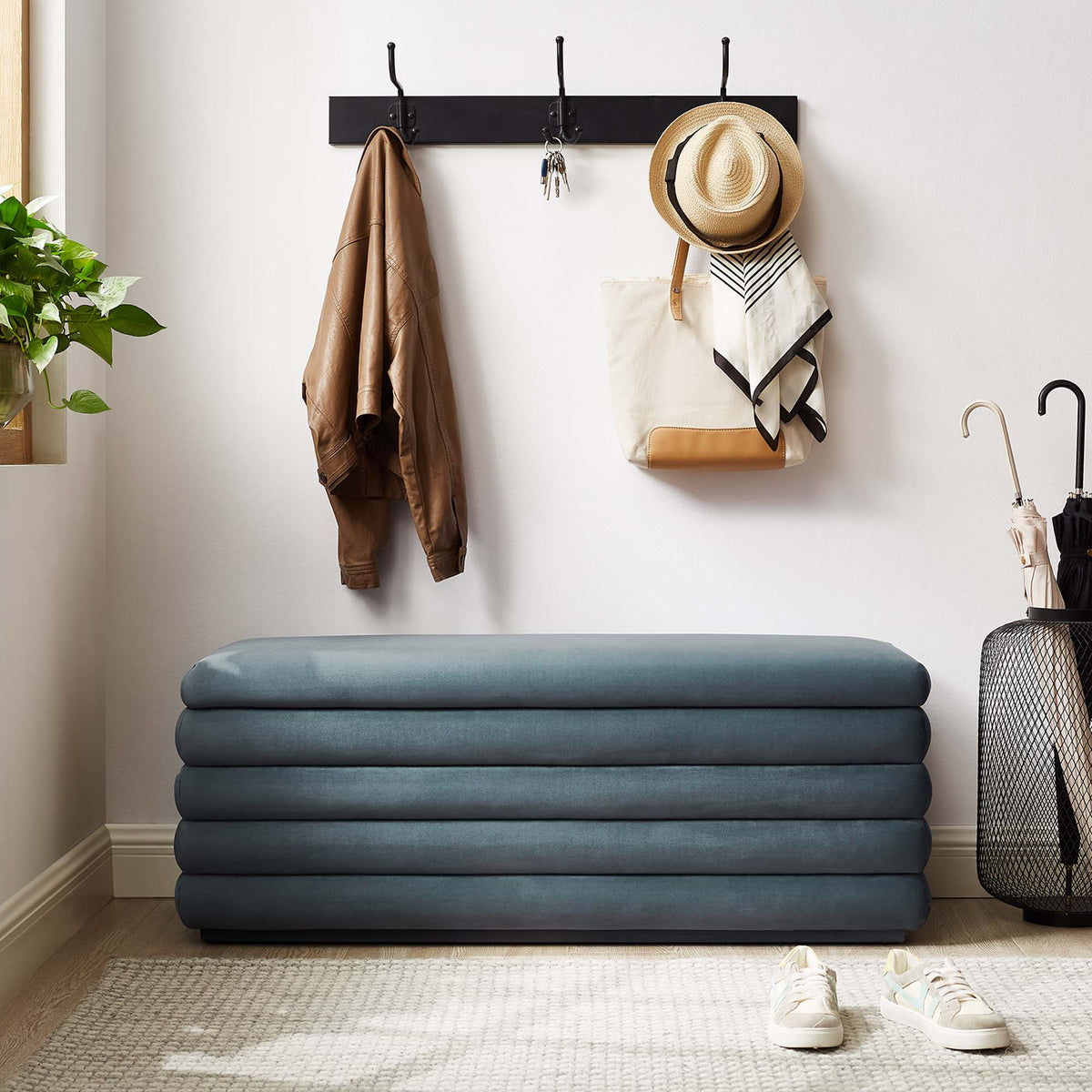 Mezzo Upholstered Performance Velvet Storage Bench - Cadet Blue