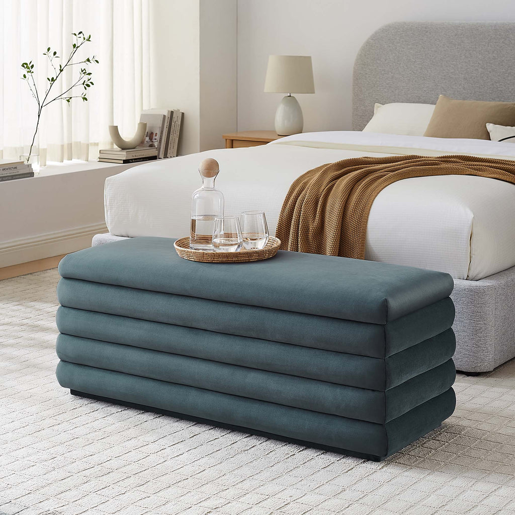 Mezzo Upholstered Performance Velvet Storage Bench - Cadet Blue