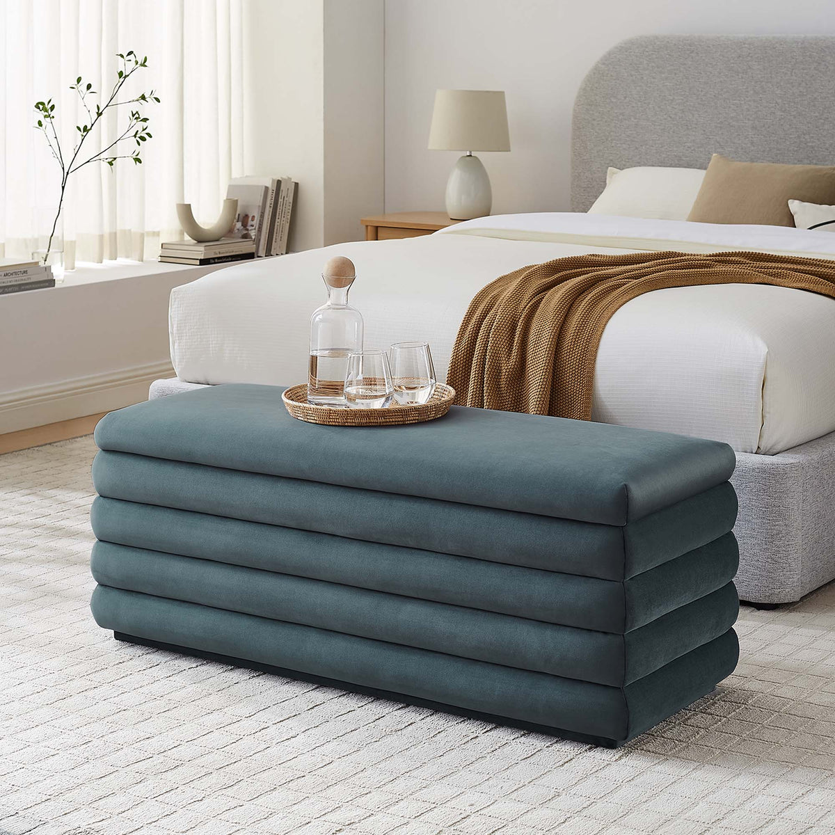 Mezzo Upholstered Performance Velvet Storage Bench - Cadet Blue
